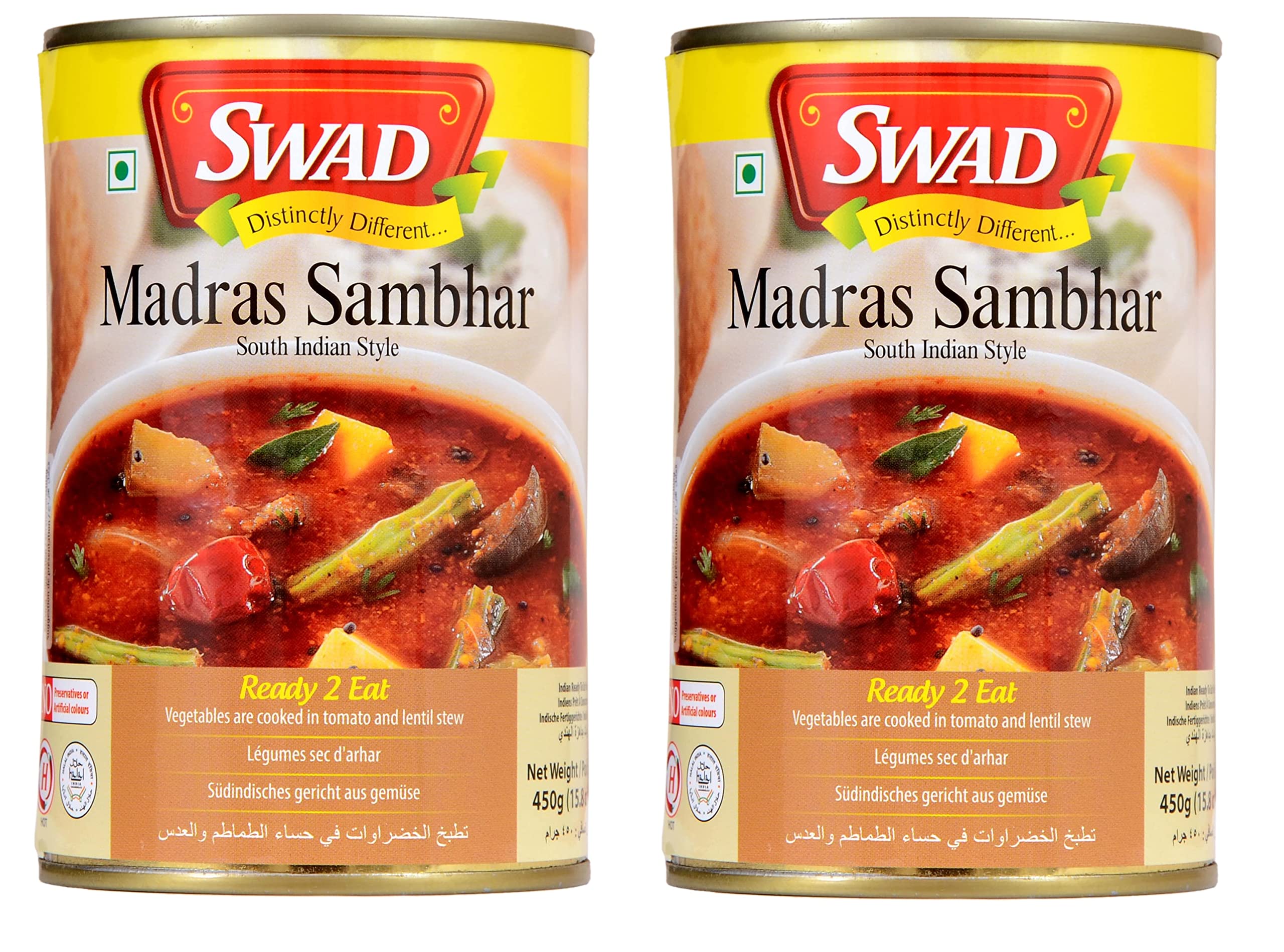 Swad Ready to Eat Madras Sambhar Instant Mix Vegetarian Heat & Eat with No Added Preservative - 450 Grams (Pack of 2)