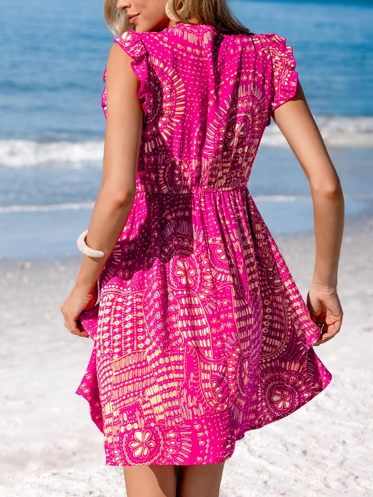 CUPSHE Strandkleid, V-Ausschnitt, Kappe, Flatterärmel, Spitze, ausgehöhlt, plissiert, Sommer-Mini-Kleid
