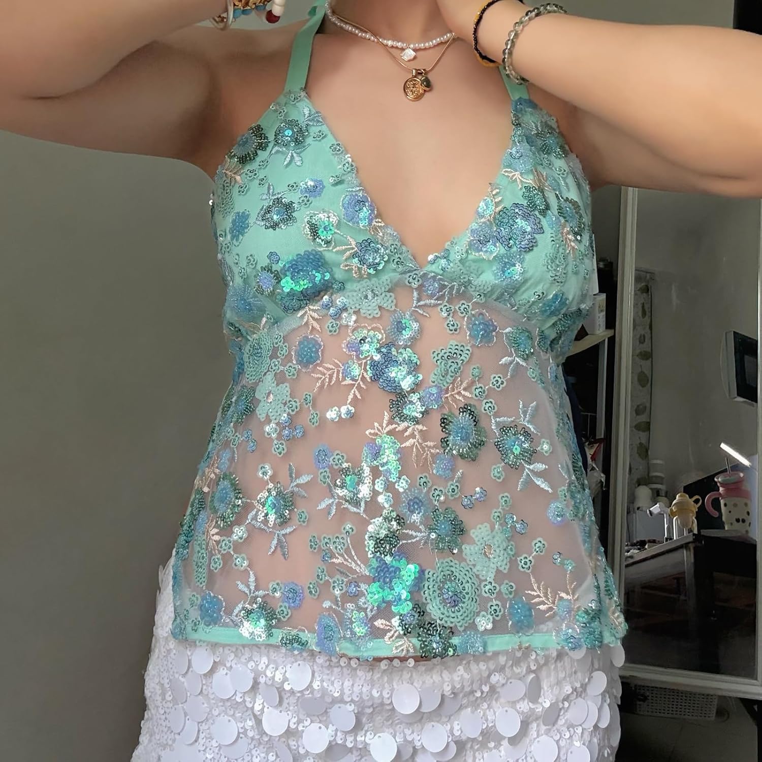 Women Sequin Sparkle Halter Crop Tops Sexy V Neck Spaghetti Strap Backless Bead Tank Top Y2k Bling Glitter Camisole - Image 3