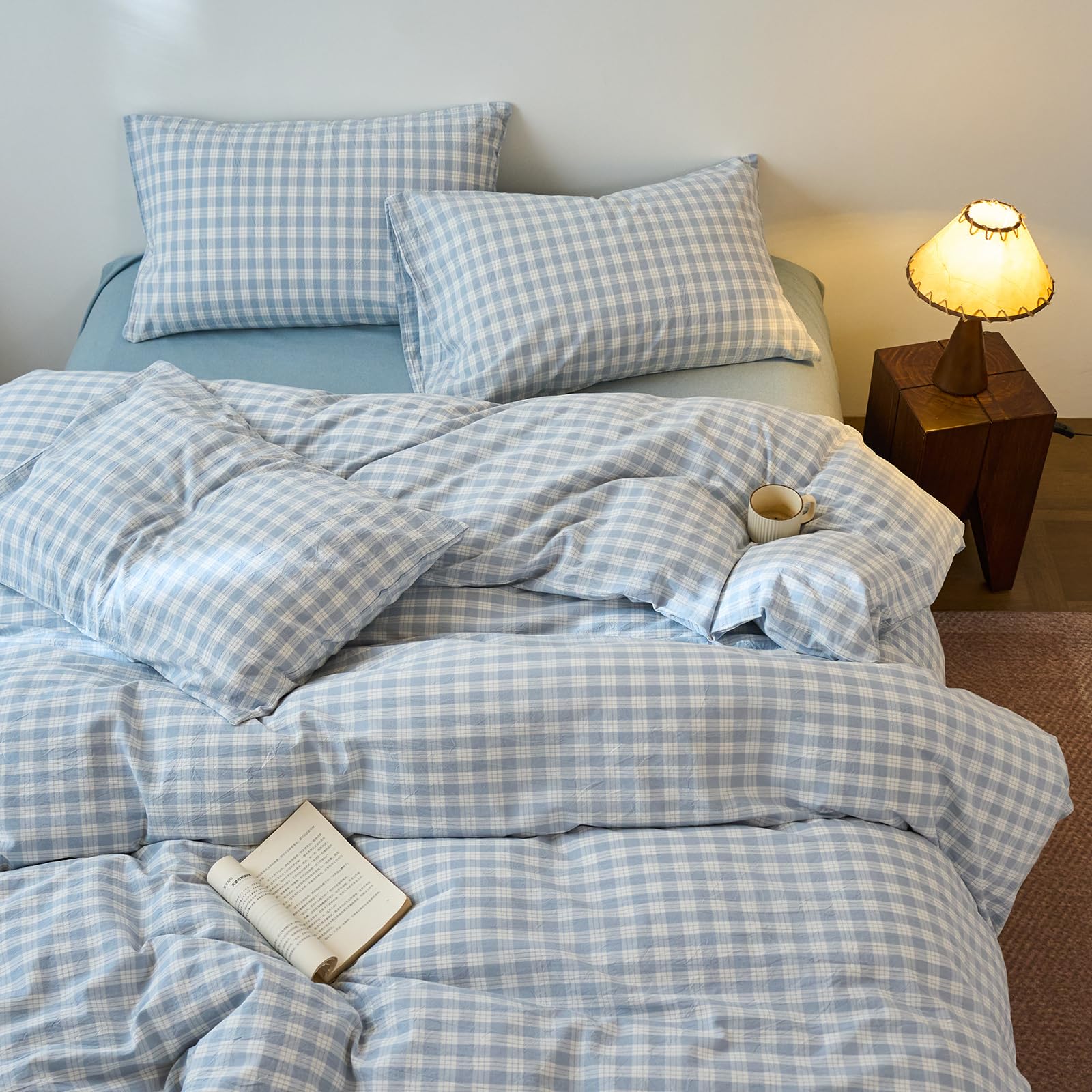 EAVD Vintage Blue Plaid Duvet Cover Queen Soft 100% Washed Cotton 3-Piece