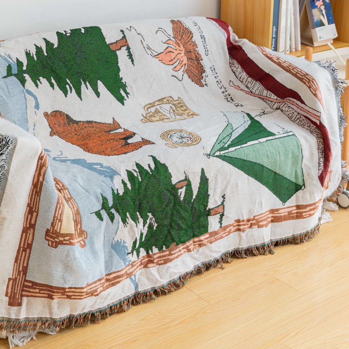 Falll Decor Blanket Autumn Cotton Jacquard Sofa Cover with Forest Camping Design, T-Cushion Loveseat and Armchair Compatible, Contemporary Style, Couch Throw Blanket