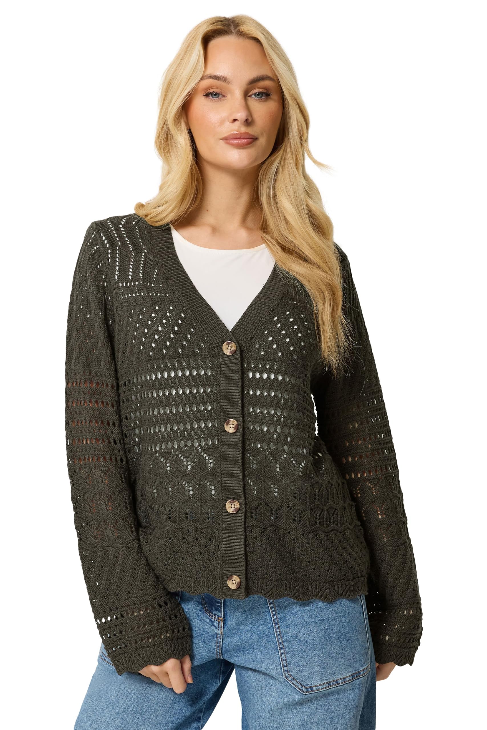 M&Co Women's Chocolate V-Neck Crochet Cardigan Sweater In | : 18/20