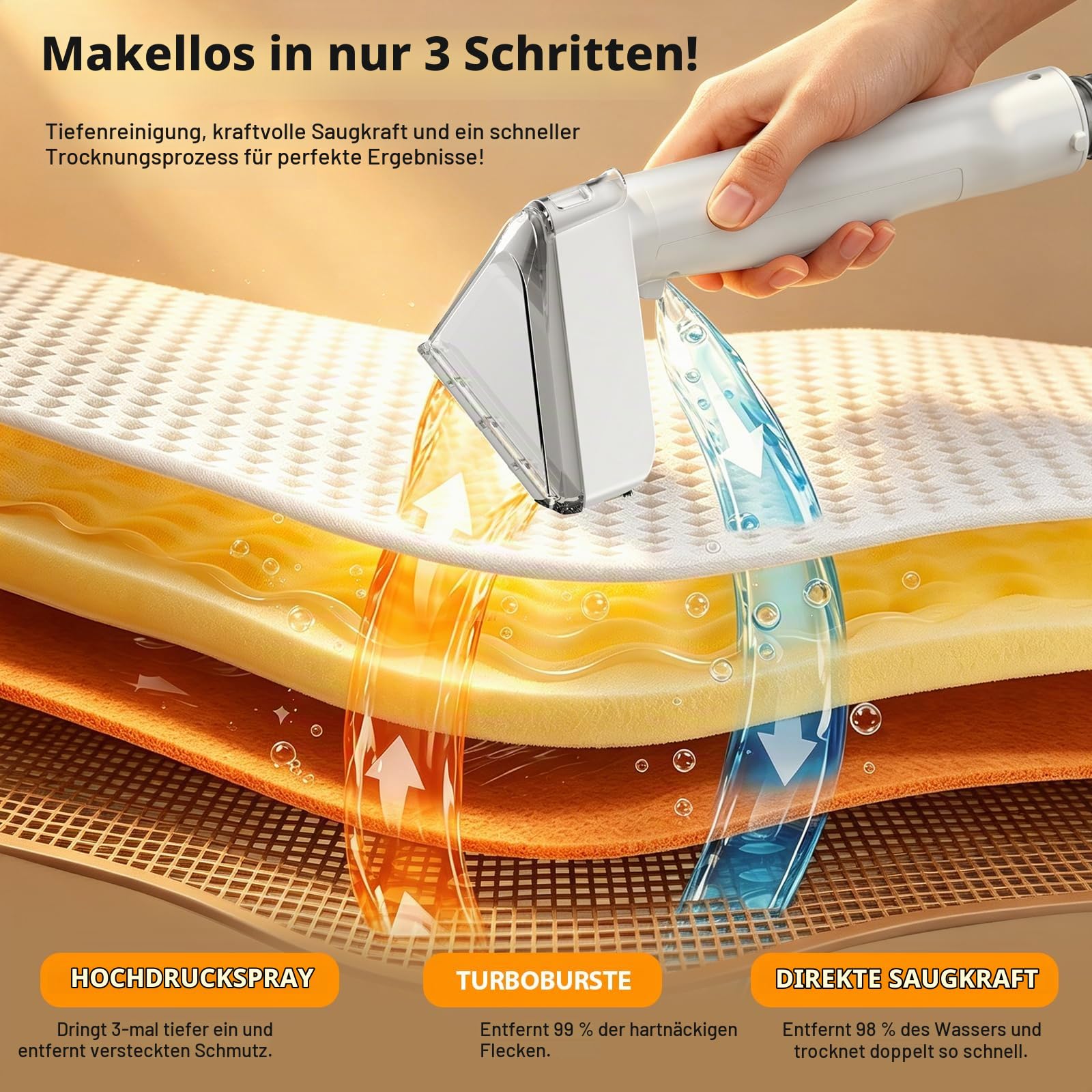 Polsterreiniger Gerät 17Kpa, 600W Teppichreiniger & Waschsauger Profi, Nasssauger Fleckenreiniger mit Selbstreinigung & extra großem Wassertank, für Teppich, Sofa, Auto, Couch & Matratzen (Bernstein)
