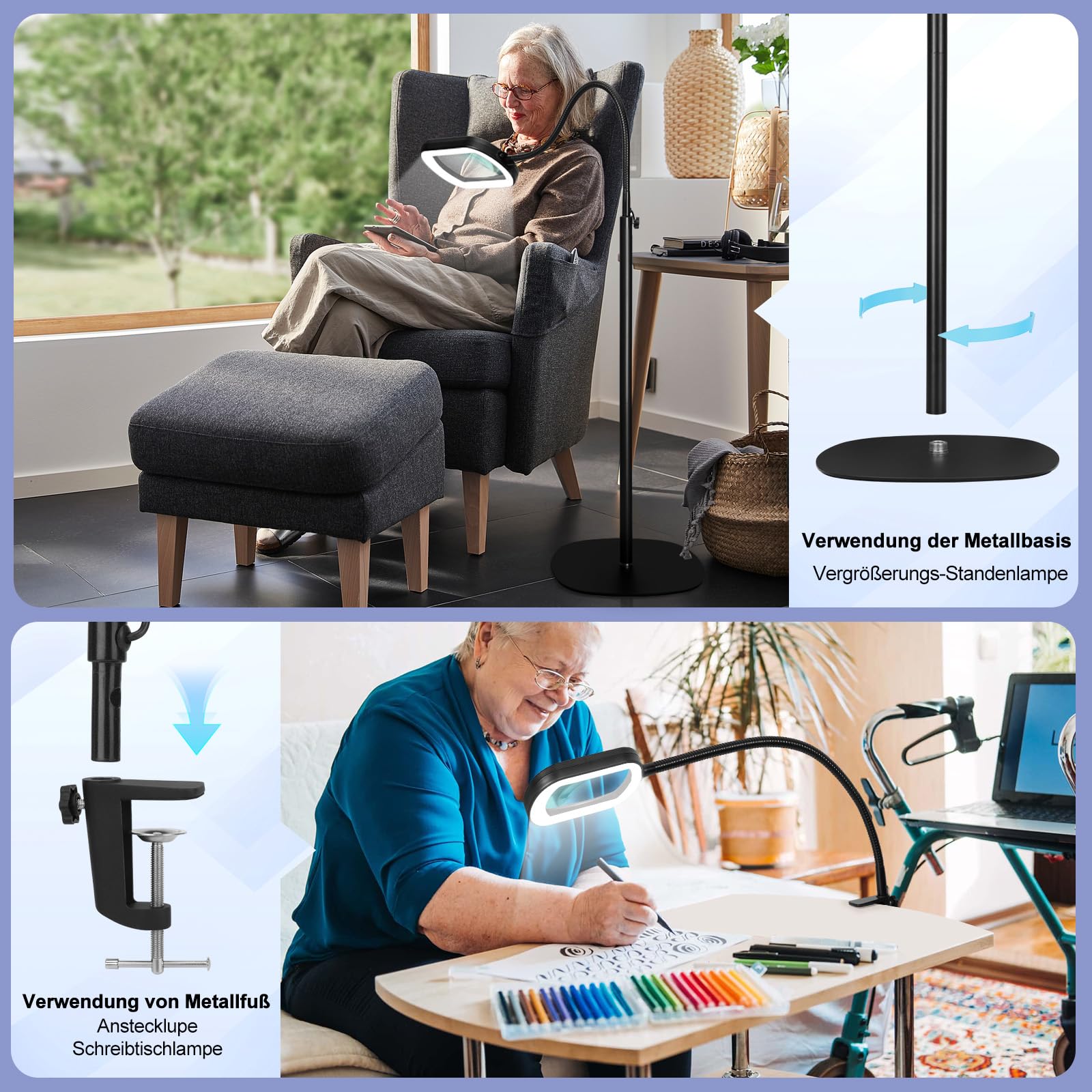 12X Rechteckige Lupe mit Licht und Ständer, 24-Zoll Flexibler Schwanenhals-Vergrößerungslampe mit Ständer, 5 Farbmodi stufenlos dimmbar, 3-in-1 LED-Vergrößerungslampe freihändig für Naharbeit, Lesen