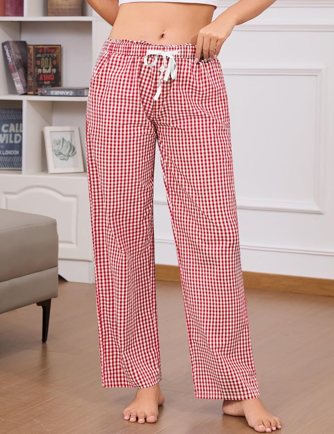SWOMOG Women 100% Cotton Pajama Pants Striped Plaid Pj Trousers Drawstring Gingham Bottoms Casual Wide Leg Pant with Pocket - Image 2