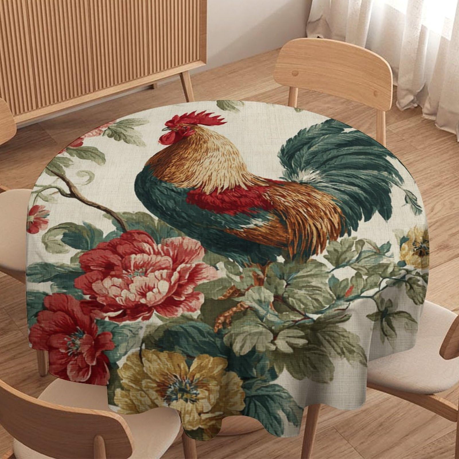 LUYYSKY Vintage Modern Animal Rooster Round Tablecloth Classic Oil Painting Farm Plant Flowers Chicken Print Washable Decor for Table Cover for Kitchen-177.8" Wx177.8 L cm