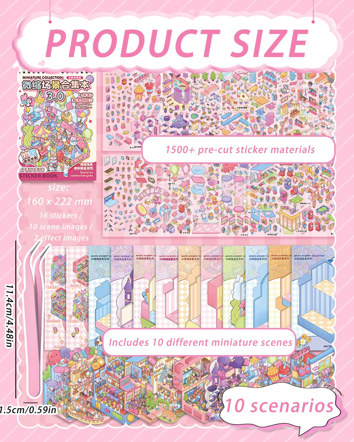 Ensemble de 10 pièces Stickers Scene Autocollant 3D de Scène, Sticker Scene Miniature avec Pincette, House Aménagement paysager Miniature Autocollants pour Adultes, Enfants