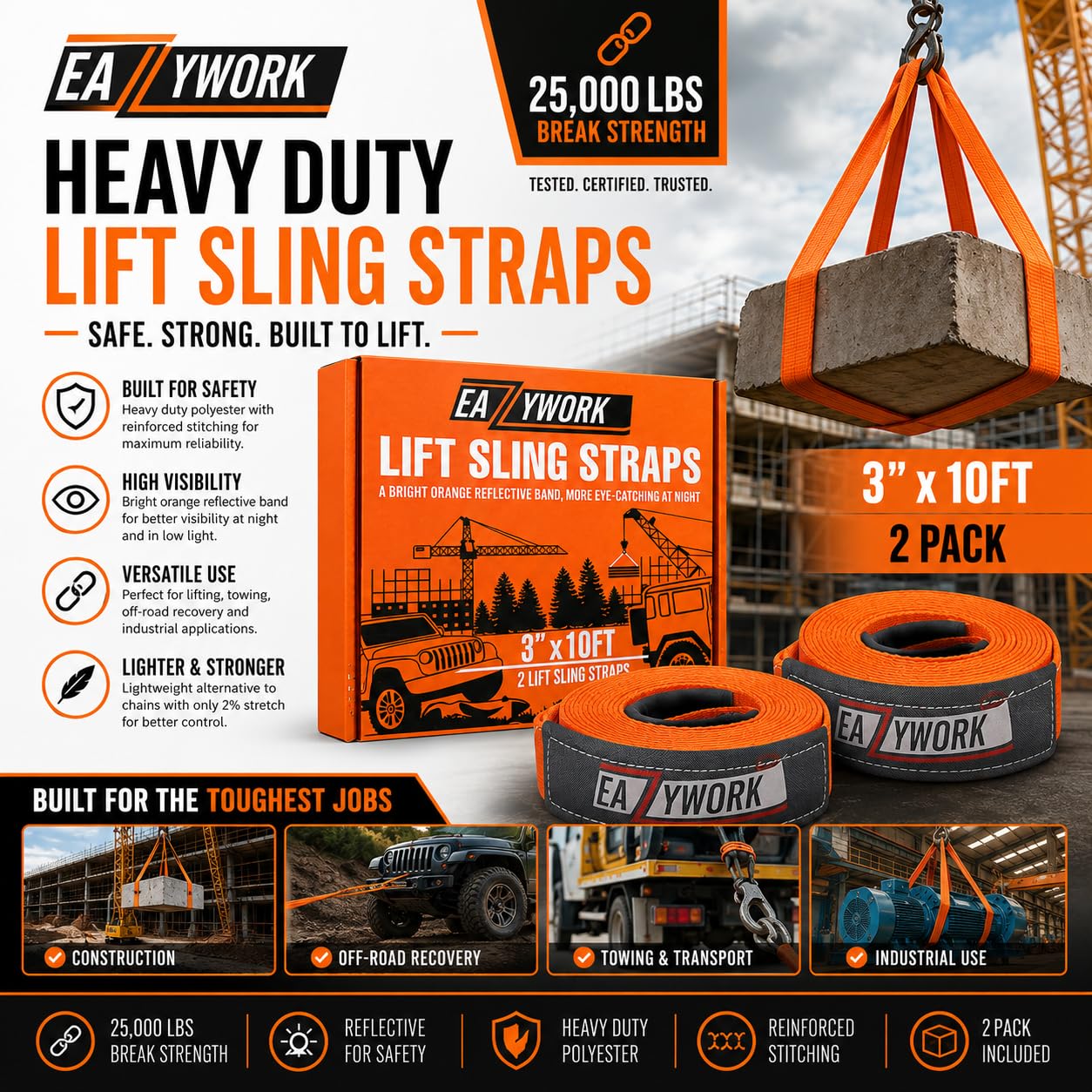 Heavy Duty Lift Straps - 25,000 Lb Capacity -2 Heavy Duty Lift Straps - 25,000 Lb Capacity -2