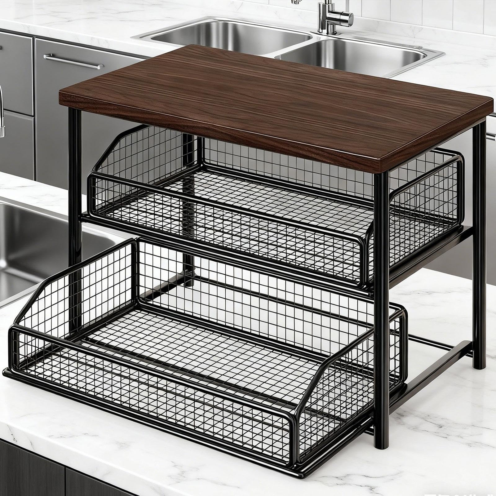 Kaffee Station Organizer Regal mit Schublade Zweistufige Ablage Aus Eisen Und Holz Ideal Zur Aufbewahrung von Tassen Und Zutaten für Küche Kaffeebar V, Schwarz