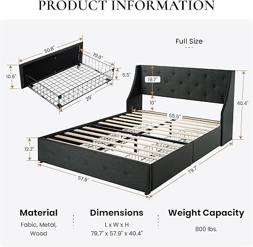 Miniatura 2 de SHA CERLIN Marco de cama tapizado de tamaño matrimonial con 4 cajones de almacenamiento y cabecera con respaldo de ala, diseño capitonado de botón