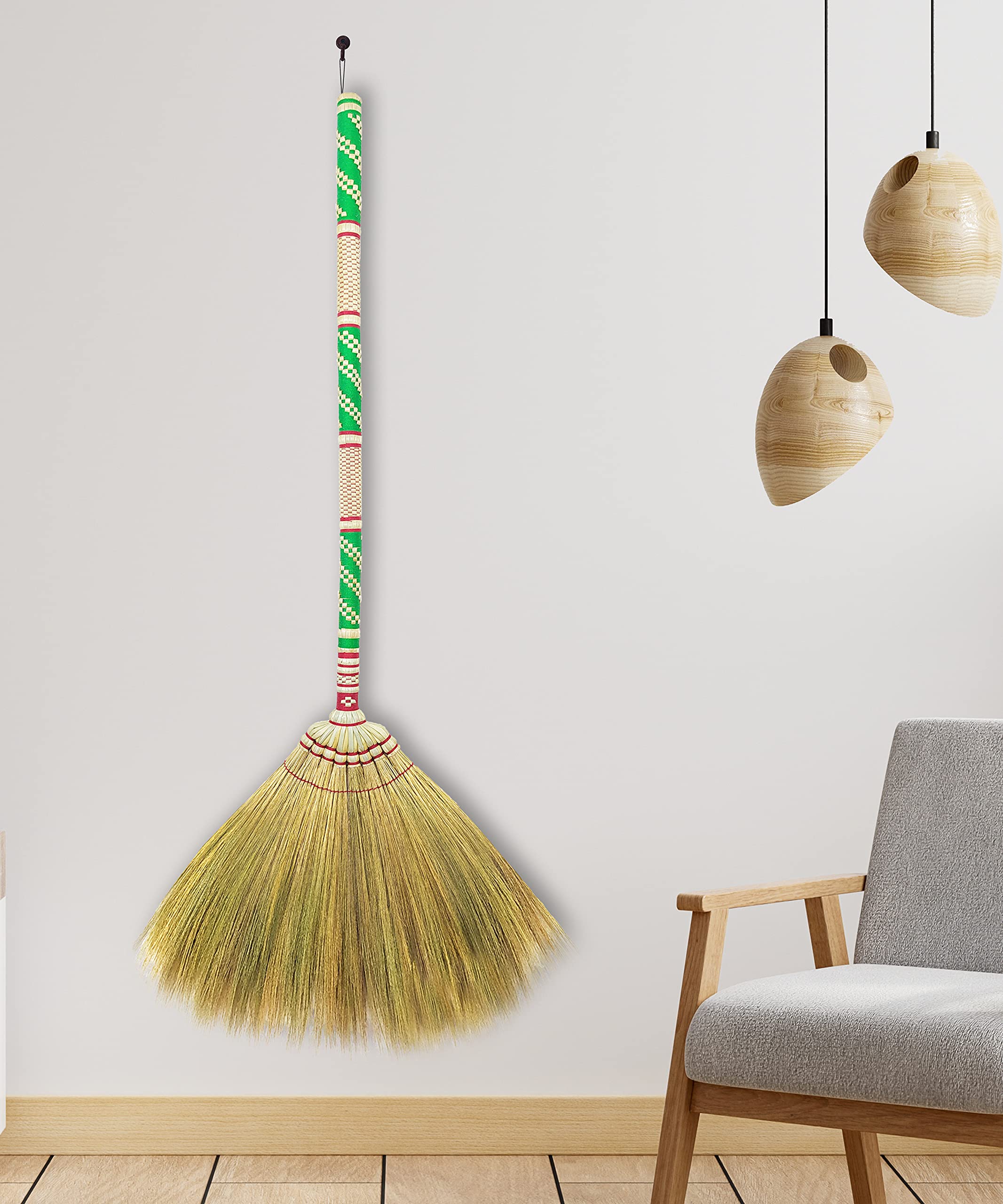 Natürlicher Grasbesen, Länge 99–101.6 cm, mit Bambus-Griff, für Innen- und Außenbereich, glatter und harter Boden, Grage, Schlafzimmer