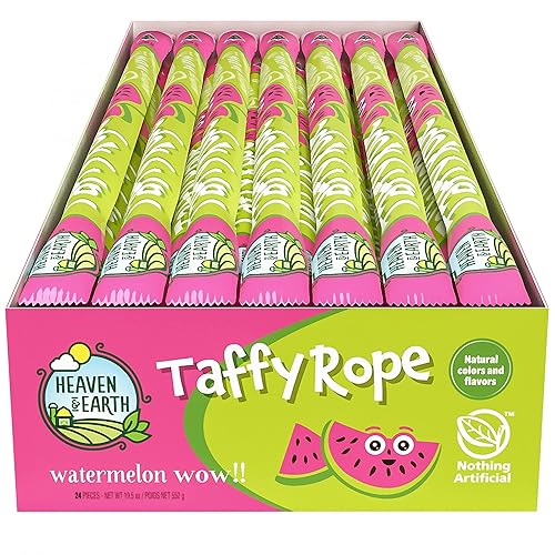 Heaven & Earth Watermelon Wow Taffy Rope 19.5oz (paquete de 24) Fabricado con colores y sabores naturales, sin jarabe de maíz de alta fructosa, sin