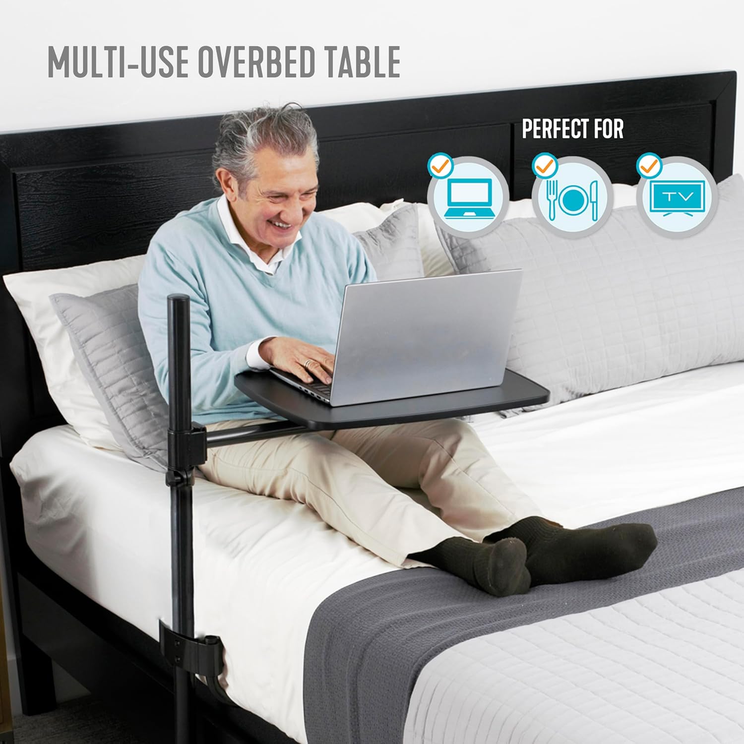 Adjustable Black Overbed Table with Swivel Tray