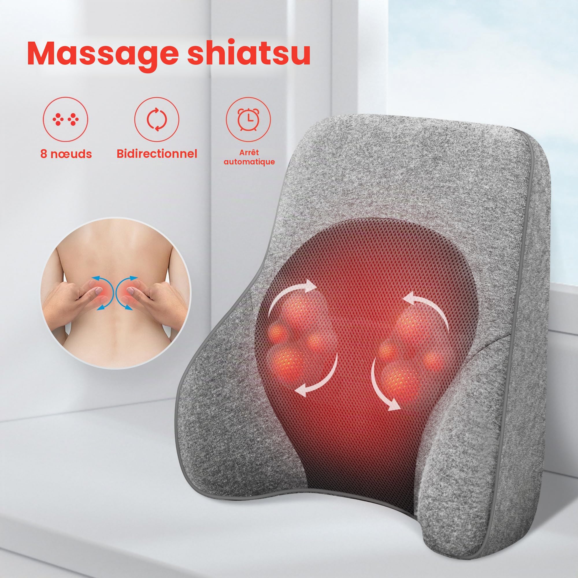 COMFIER Appareil de massage pour le dos, appareil de massage Shiatsu pour chaise de bureau, coussin de massage électrique pour soulager la douleur, à la maison ou au bureau, 2 niveaux de chauffage