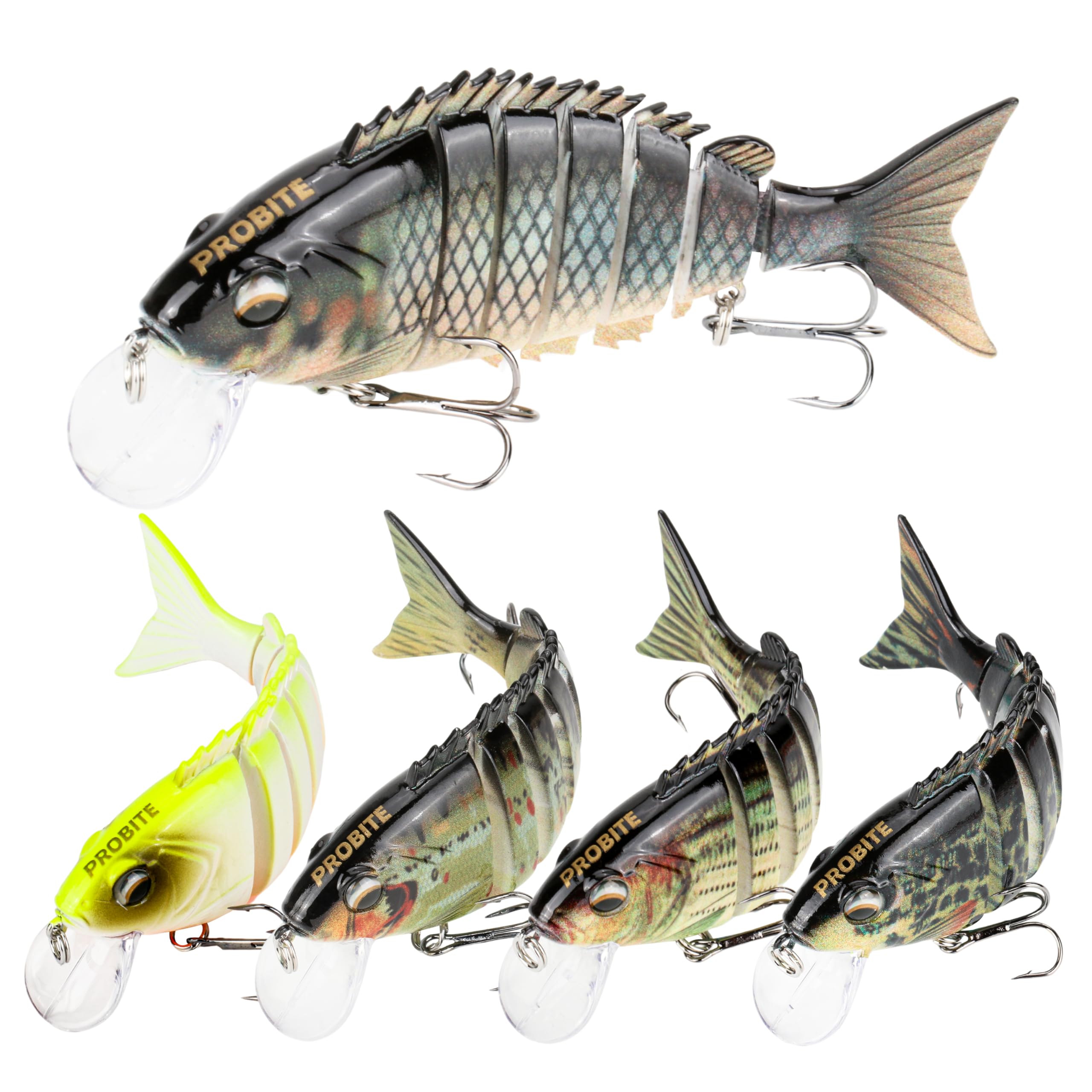 5 señuelos de pesca realistas: cebo multiarticulado para lubina, trucha, crappie, lucio, acción realista con ojos de pez 3D y ganchos afilados, perfecto para kits de pesca en agua salada y agua dulce