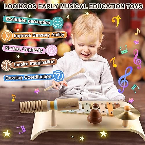 Miniatura 9 de LOOIKOOS Instrumentos musicales internacionales de madera natural para niños pequeños y niños juguetes musicales educativos ecológicos con bolsa de
