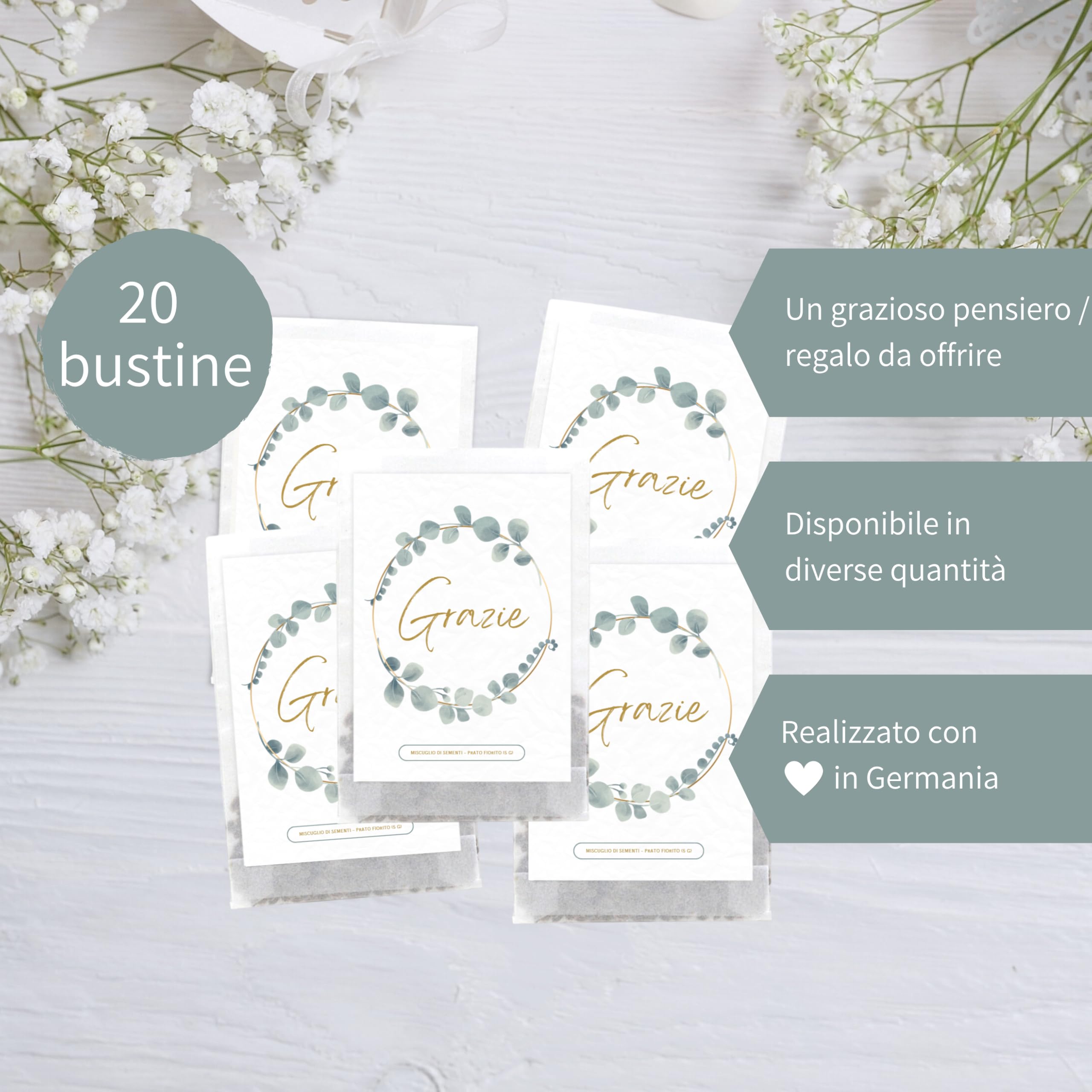 Semi di Fiori "Grazie" | Idee Regalo e Pensierino Originale | Piccolo Regalo per Colleghi, Maestre e Ospiti | Bomboniere Compleanno Bambini | Segnaposto Comunione (20 pezzi - Grazie "Eucalipto")