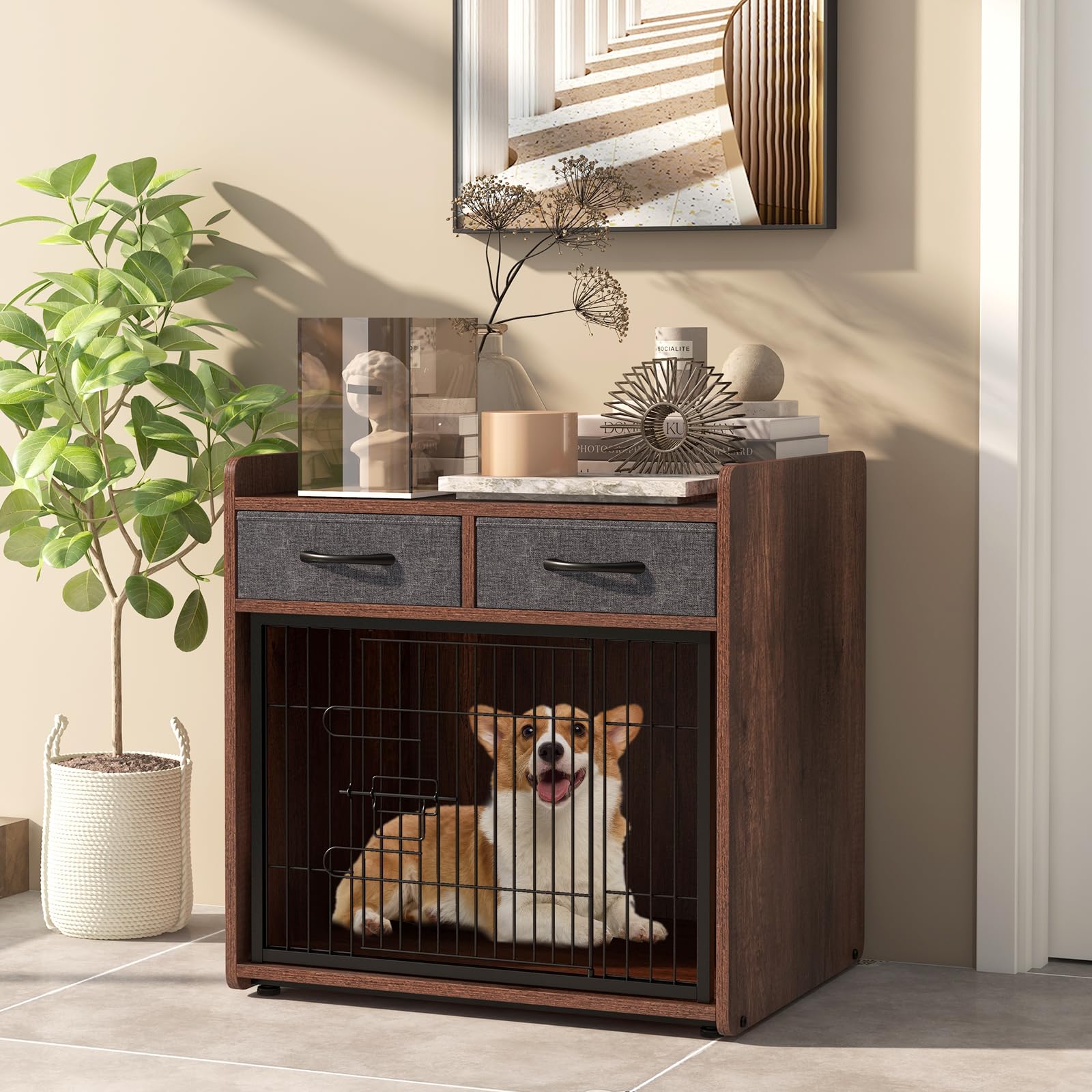 COSTWAY Hoek Hondenhok, Hondenbox met Deur & Kussen, Huisdierkist Meubelstijl voor Kleine Honden Katten Huisdieren, Dierenkooi Hondenkooi Hondenhuisdier Huisdierenhuis Thuis Binnen, Bruin, 114 x 60 x