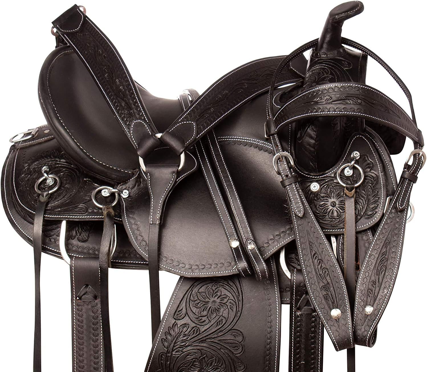 BNB International Leather Western Endurance Trail Horse Saddle Handmade Comfort with Horn Equestrian Horseback Riding Tack, Matching Headstall,Breast Collar,Reins Size:14"-18" inches Seat, M06