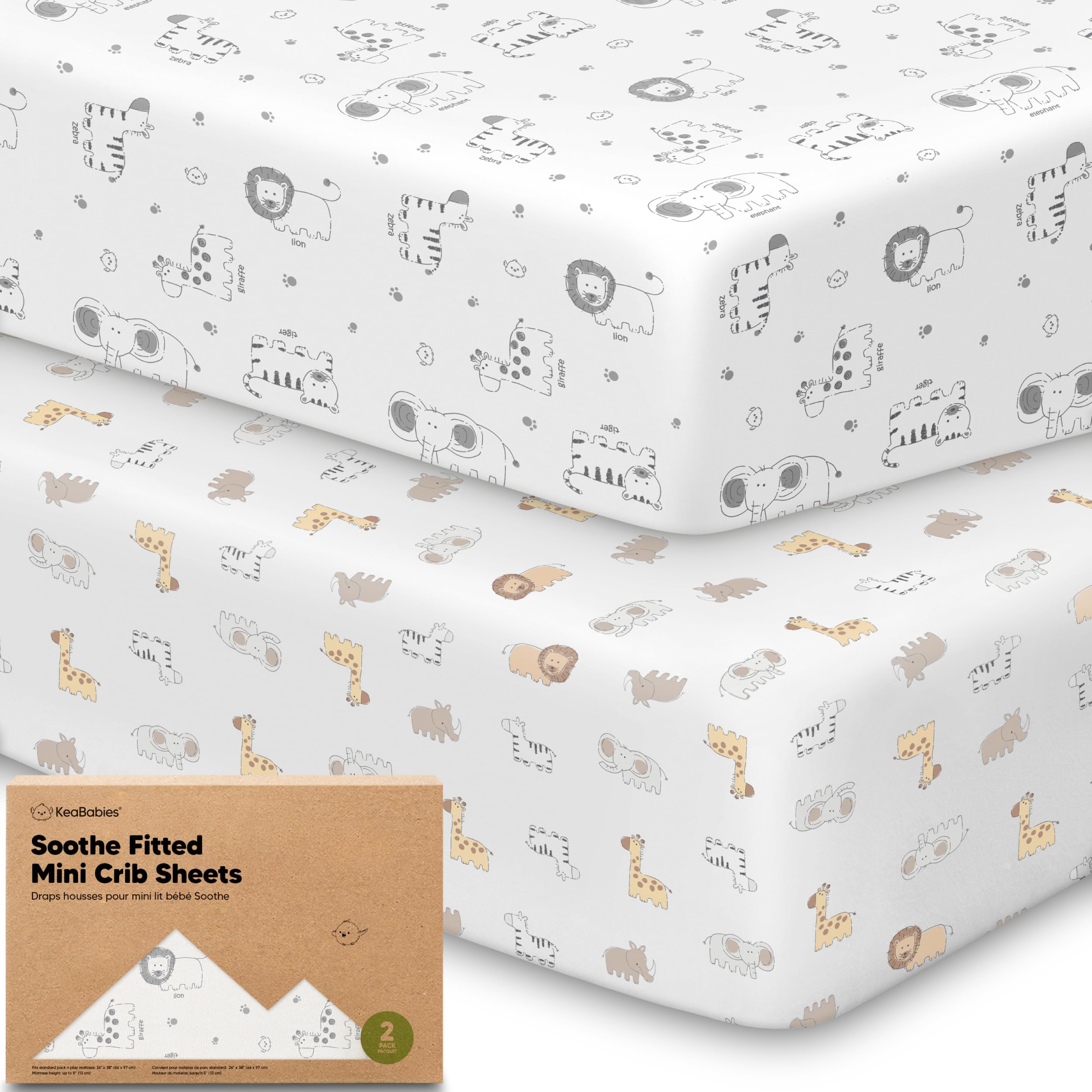 2pk Mini Crib Sheets Fitted 38x26 Pack N Play Mattress Sheet (KeaSafari)
