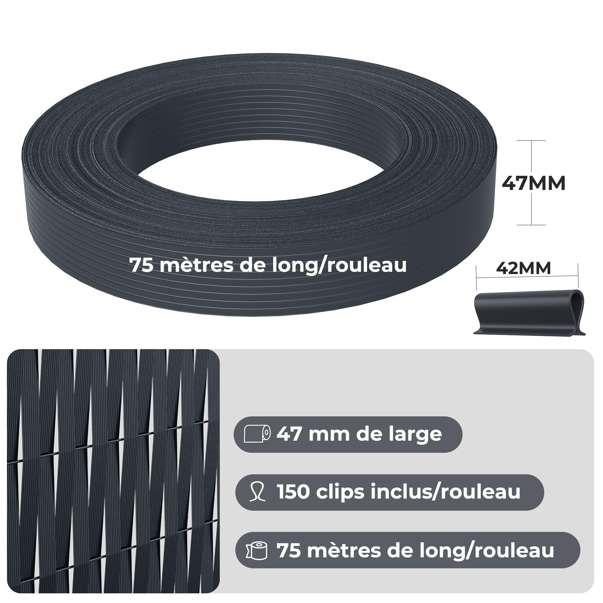 Kit Lamelles Occultantes PVC 4,7cmx75m - Bande Brise Vue Jardin Souple et Résistante avec 150 Clips - Installation Horizontale ou Verticale pour Panneau Grillagé et Clôture Rigide Anthracite -RAL7016