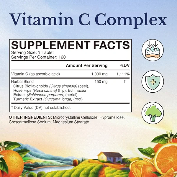 Vitalitown Vitamin C Complex 1000mg with Rose HIPS, Bioflavonoids, Turmeric & Echinacea, Daily Immune Support, Collagen Booster & Powerful Antioxidant, Vegan, 120 Tablets
