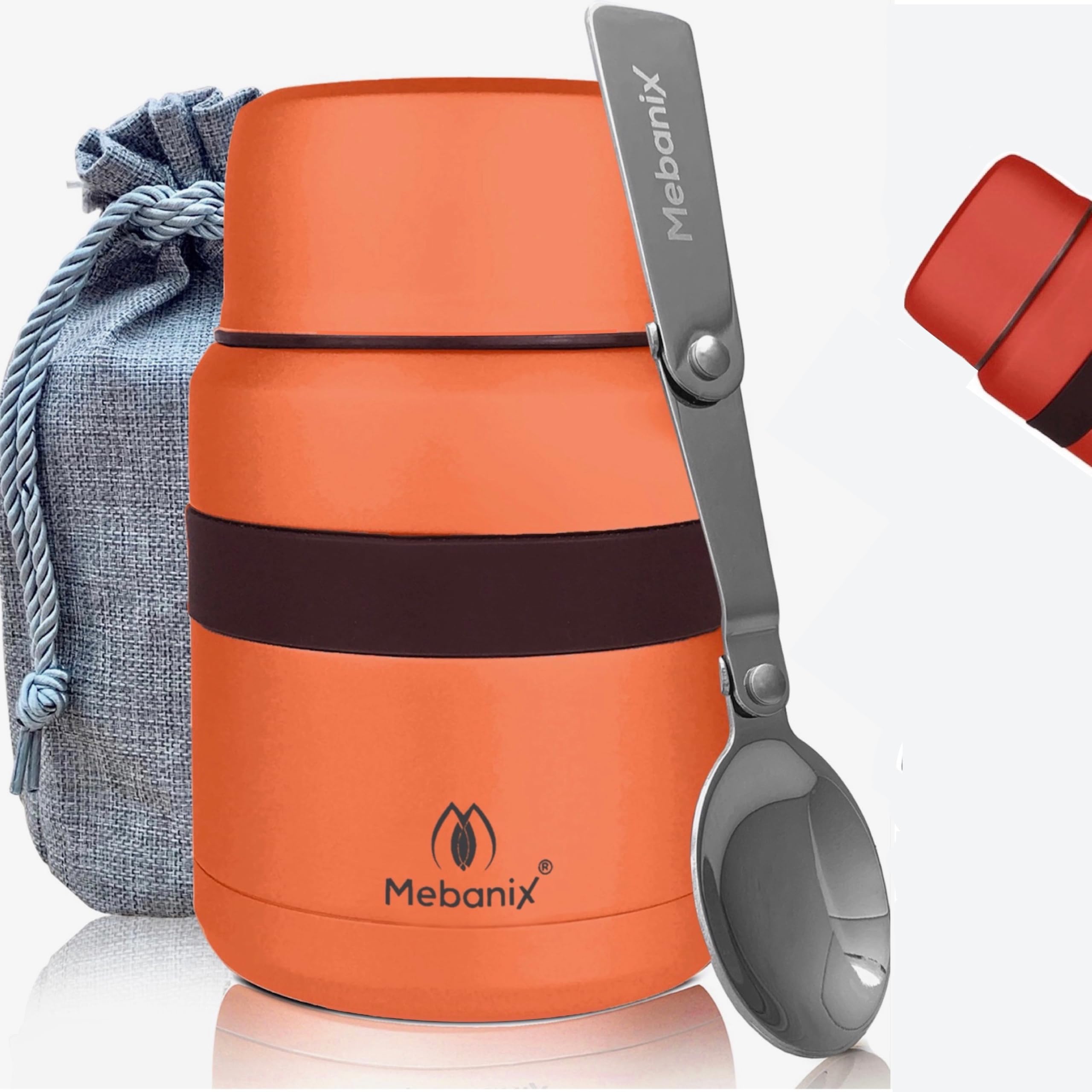 Mebanix Food Flask for Hot/Cold Food, Soup | 400ml Stainless Steel Double Walled Vacuum Insulated Leakproof Jar with Folding Spoon | BPA Free | 6 hrs hot 10 hrs cold | For Adults and Kids. Orange