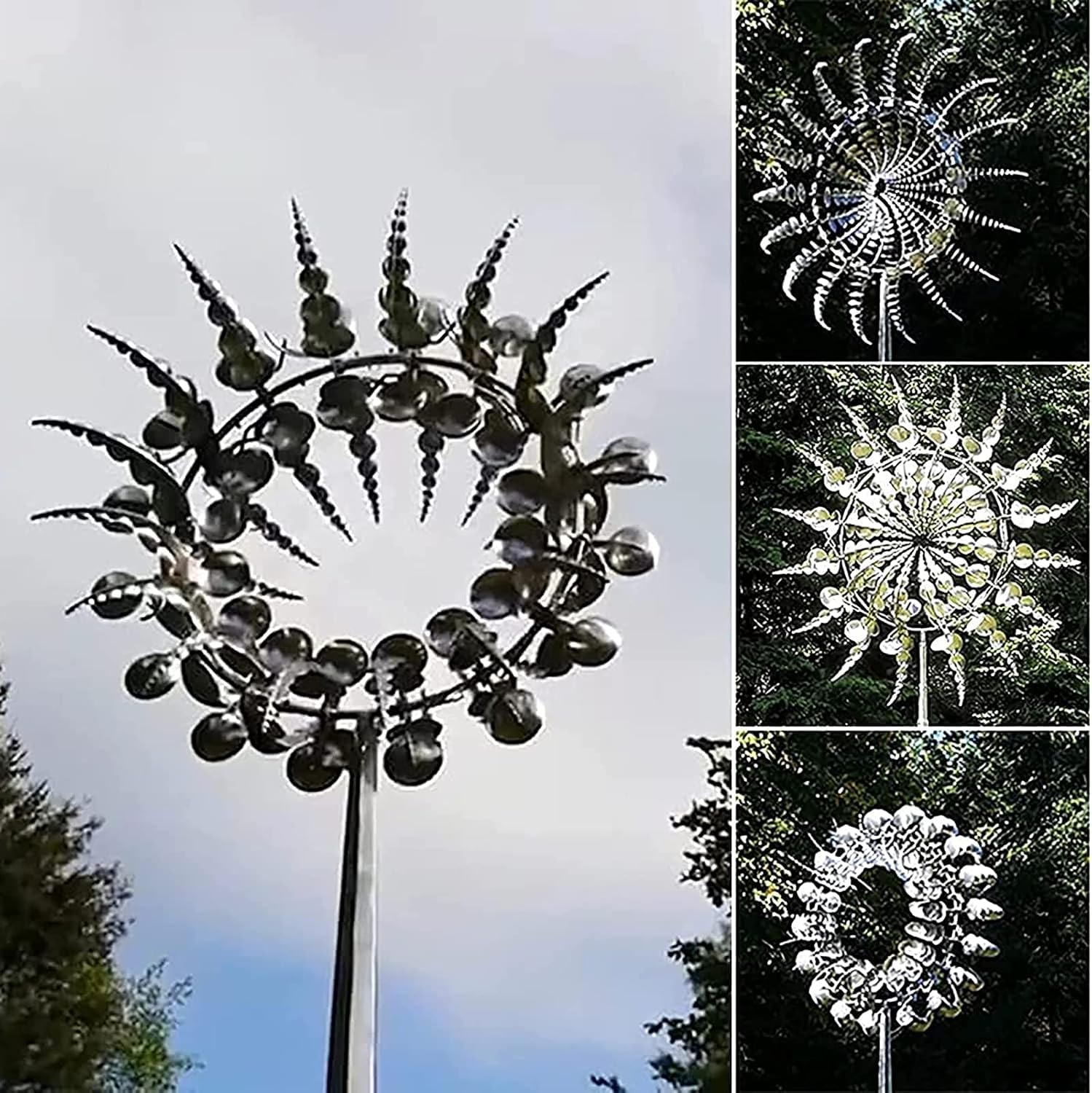 Mulino a vento in metallo unico e magico 3D in acciaio inox, facile da installare, scultura cinetica alimentata dal vento, con paletto da giardino in metallo, decorazione da giardino