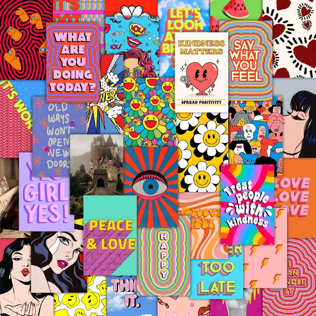 Indie Y2K Wall Collage Kit | Aesthetic Hippie 4x6 Posters | Retro Room Decor for Bedroom, Dorm, Office & Living Room | Thick Cardstock Prints + Glue Dots Included – Pack of 54