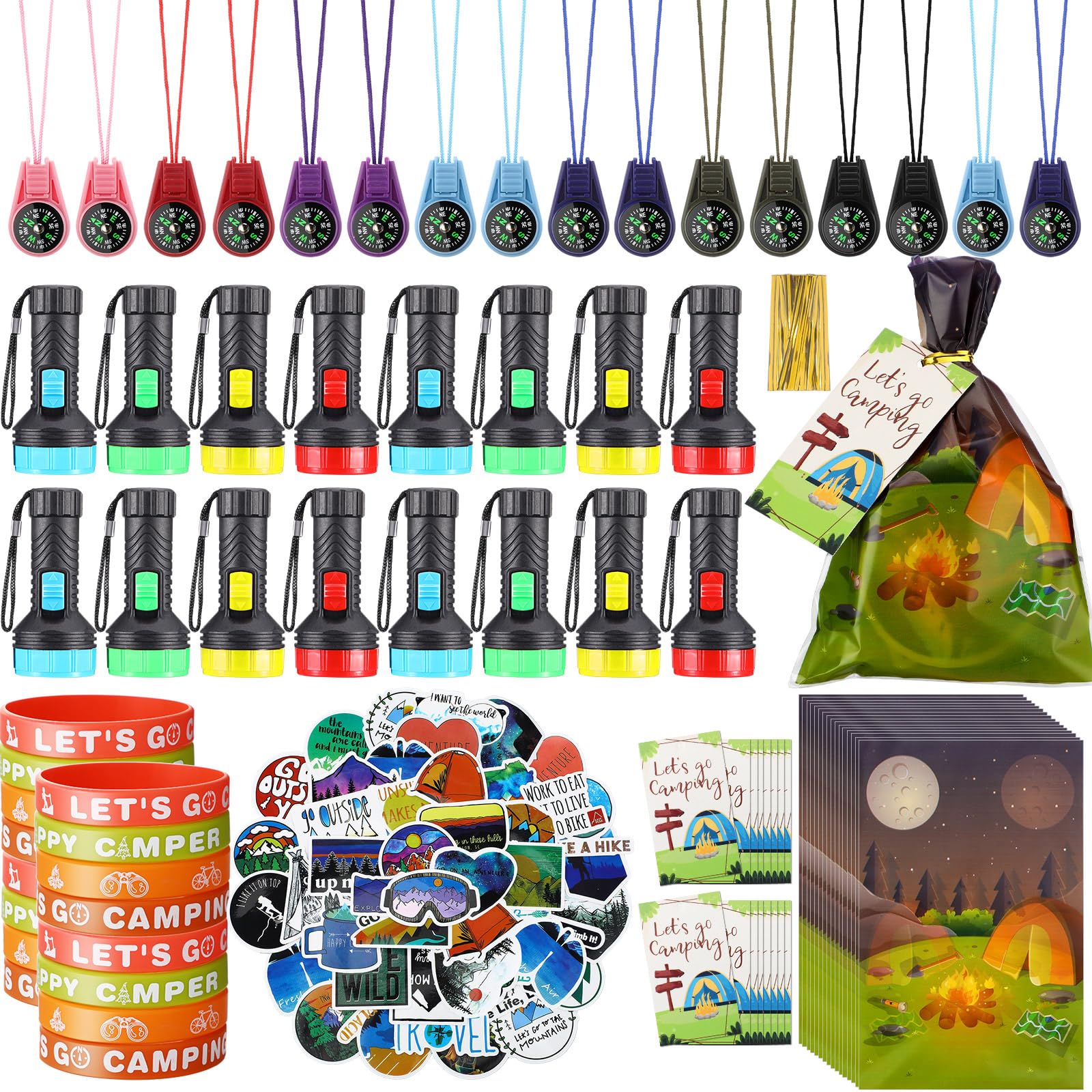 Fumete 170 Pcs Camping Party Favors Happy Camper Party with Silicone Bracelets, Mini Compass, Mini Flashlight Keychains, Stickers, Bag and Tag