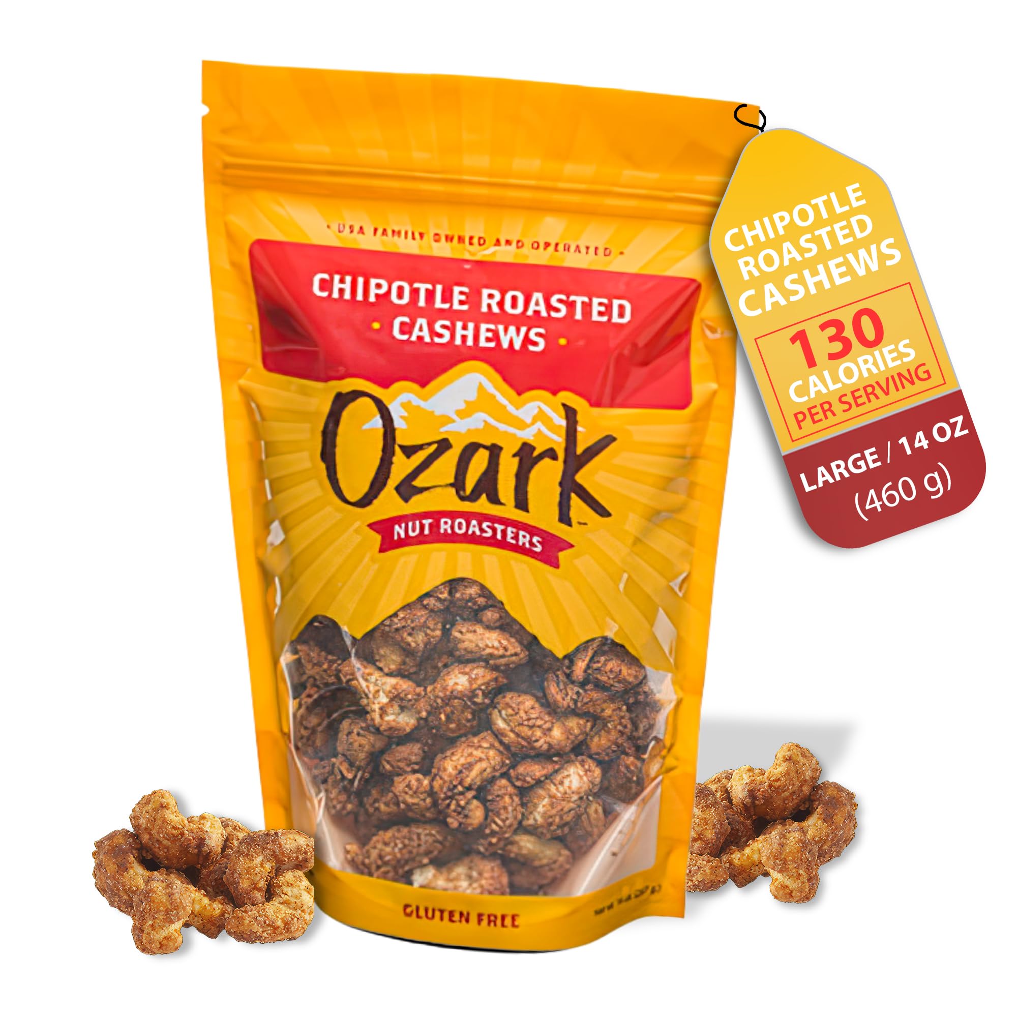 OZARK NUT ROASTERS, Chipotle Roasted Cashews with Spicy Kick, Flavored Savory Snacks, World-Class Gourmet Candied Nuts, Resealable Pack (14.0 oz)