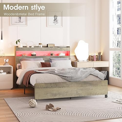 Miniatura 3 de Marco de cama gris tamaño Queen con cabecera de madera de almacenamiento de 2 niveles con luces LED RGB, plataforma moderna con estación de carga,