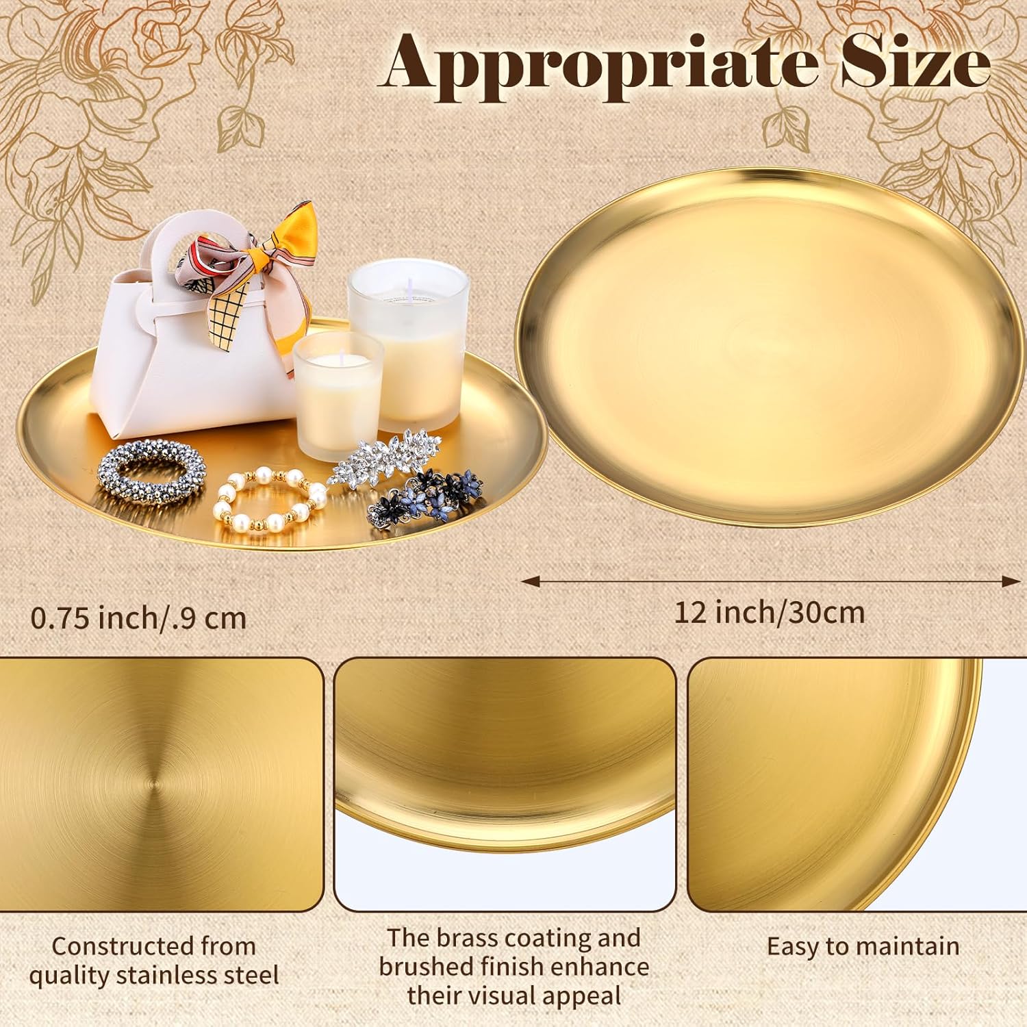 6 Pcs 12 Inch Round Gold Tray - Large Gold Tray Decorative Serving Bar Dish Key Bowl Mirror Dresser Vanity Tray for Jewelry Makeup Organizer, Bathroom, Candle, Perfume, Countertop