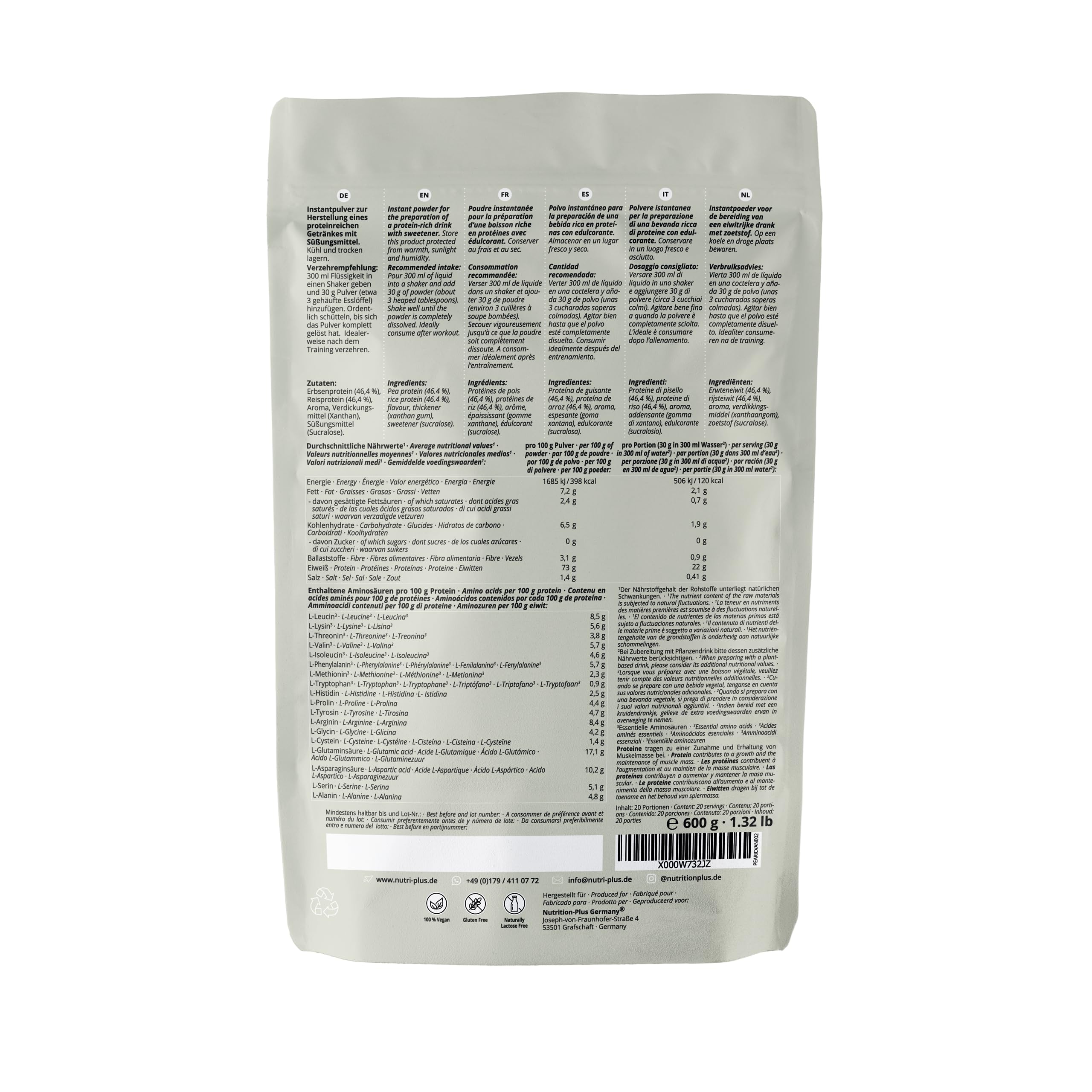 Protéine de pois + riz Vanilla - Poudre de protéine végétalienne sans soja, gluten, lactose, sucre - Vanille 600 g - Pea Rice Protein végan avec protéine de pois d'Allemagne