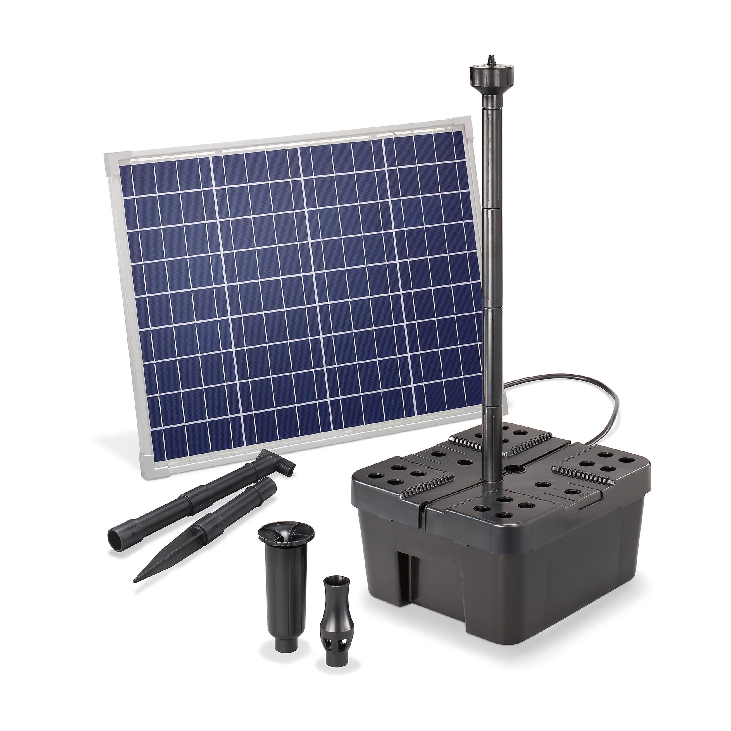 Esotec Solar Teichfilter mit Wasserspiel 50/2500, Solar Teichfilterset mit 2500 l/h Teichpumpe, Unterwasserfilter für Gartenteiche bis 6000 l, 50Wp Solarmodul, Springbrunnen 100910