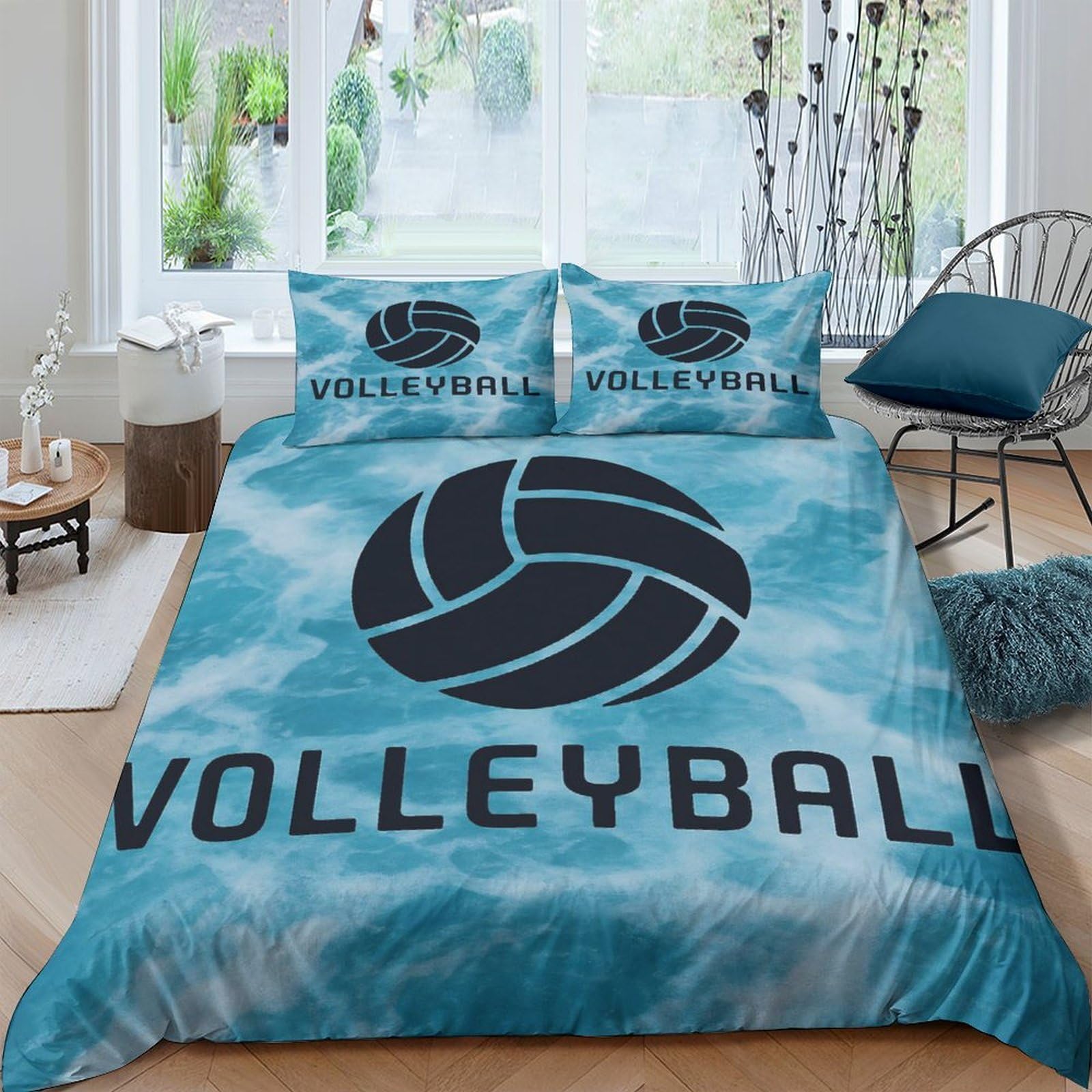 GPLZQXKJNH 3D Printed Volleyball Pattern Duvet Cover Set Microfiber Blue Bedding with 2 Pillowcases for Bedroom Decor Single（135x200cm）