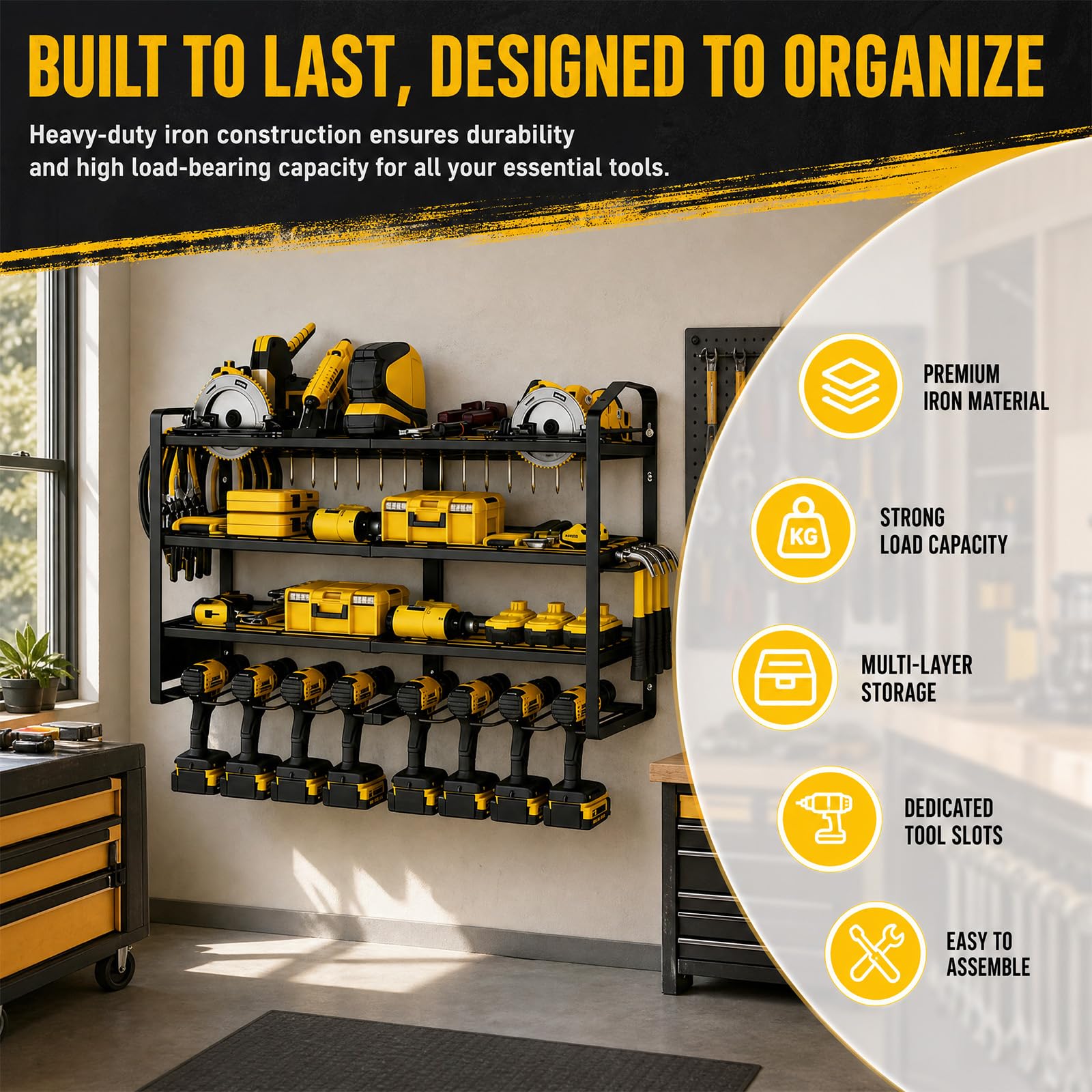 Supporto da parete a 4 livelli, organizer per utensili elettrici, trapani a batteria, robusto portautensili in metallo, 83,5 x 42 x 20 cm, nero, per garage, officina, cantina