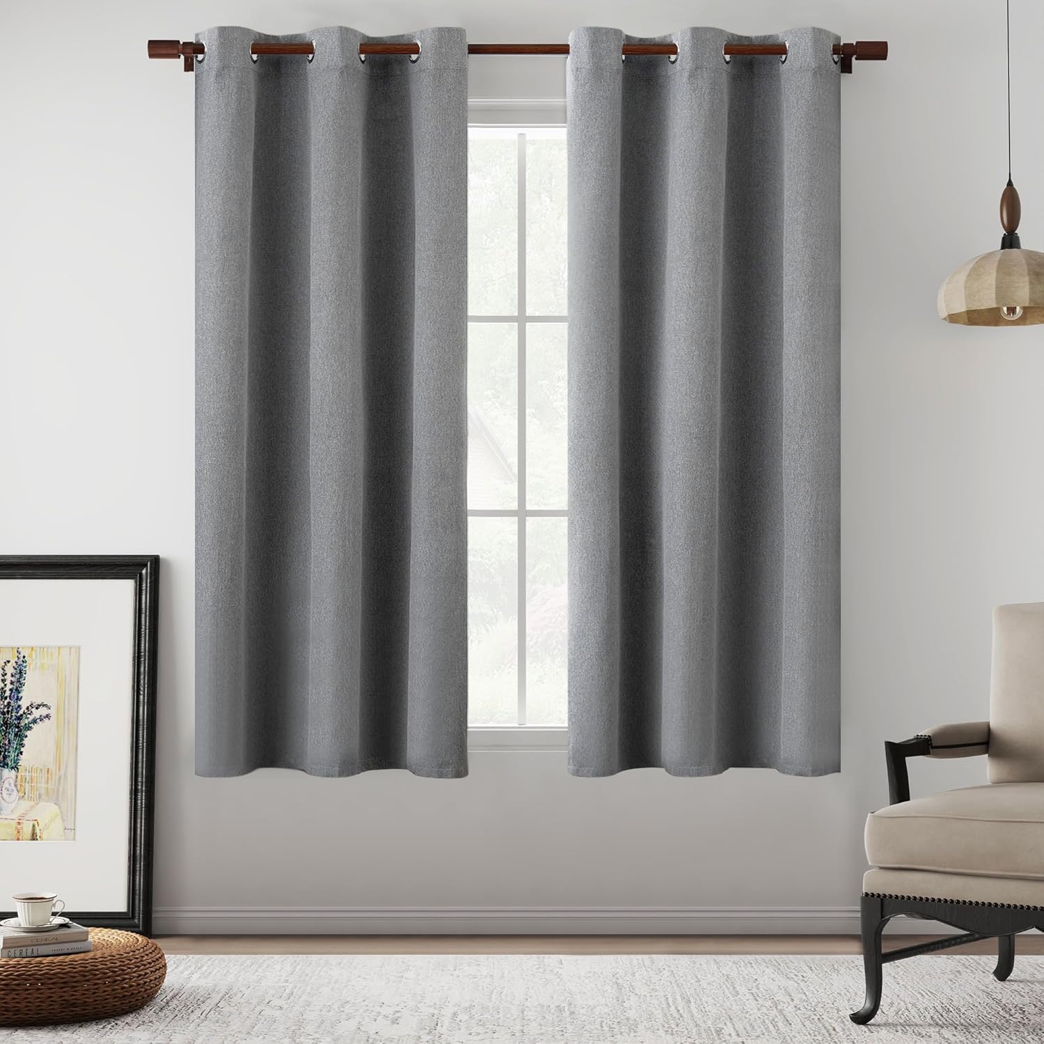 Cortinas opacas con textura de lino gris total para dormitorio, con aislamiento térmico, cortinas cortas de 64 pulgadas, cortinas de granja con