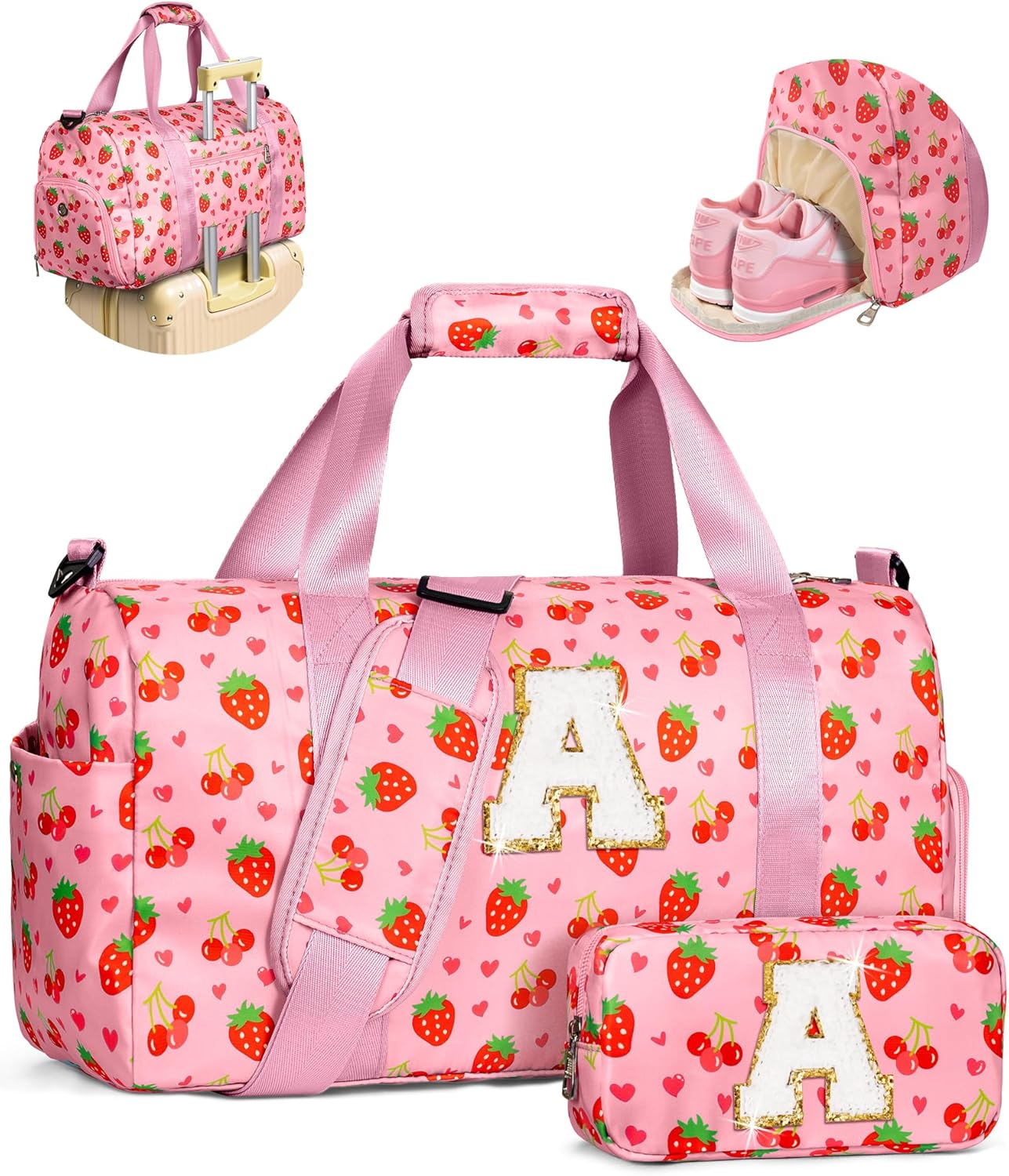 Dance Bag for Girls, Birthday Gifts for 4 5 6 7 8 9 10 Year Old Girls Kids, Initial Kids Duffle Bag, Cute Weekender Overnight Sleepover Gym Bag with Shoe Compartment, Girly Stuff