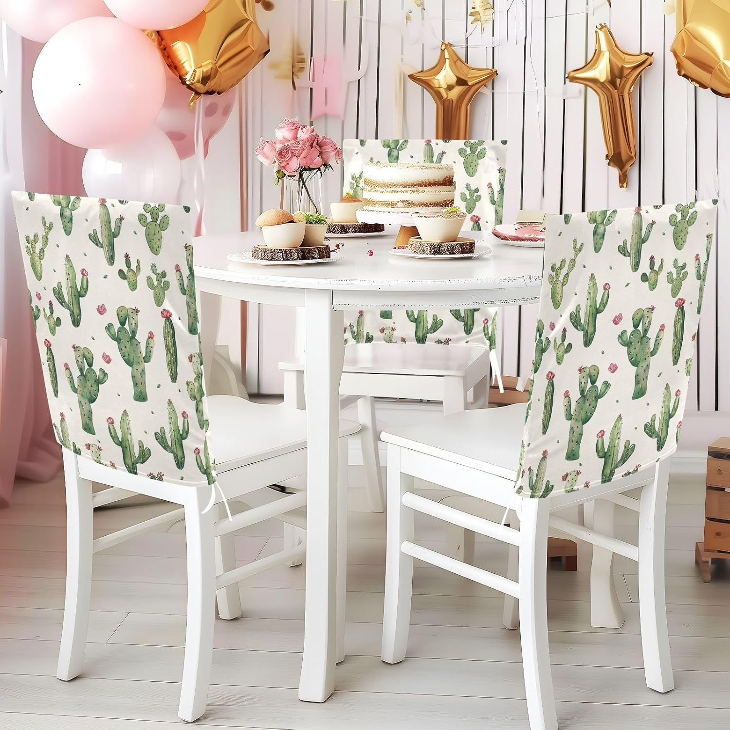 ALAZA Cute Cactus Chair Back Cover Set of 6, Washable Reusable Removable Chair Slipcovers Decorative Chair Cover for Home Kitchen Wedding Party
