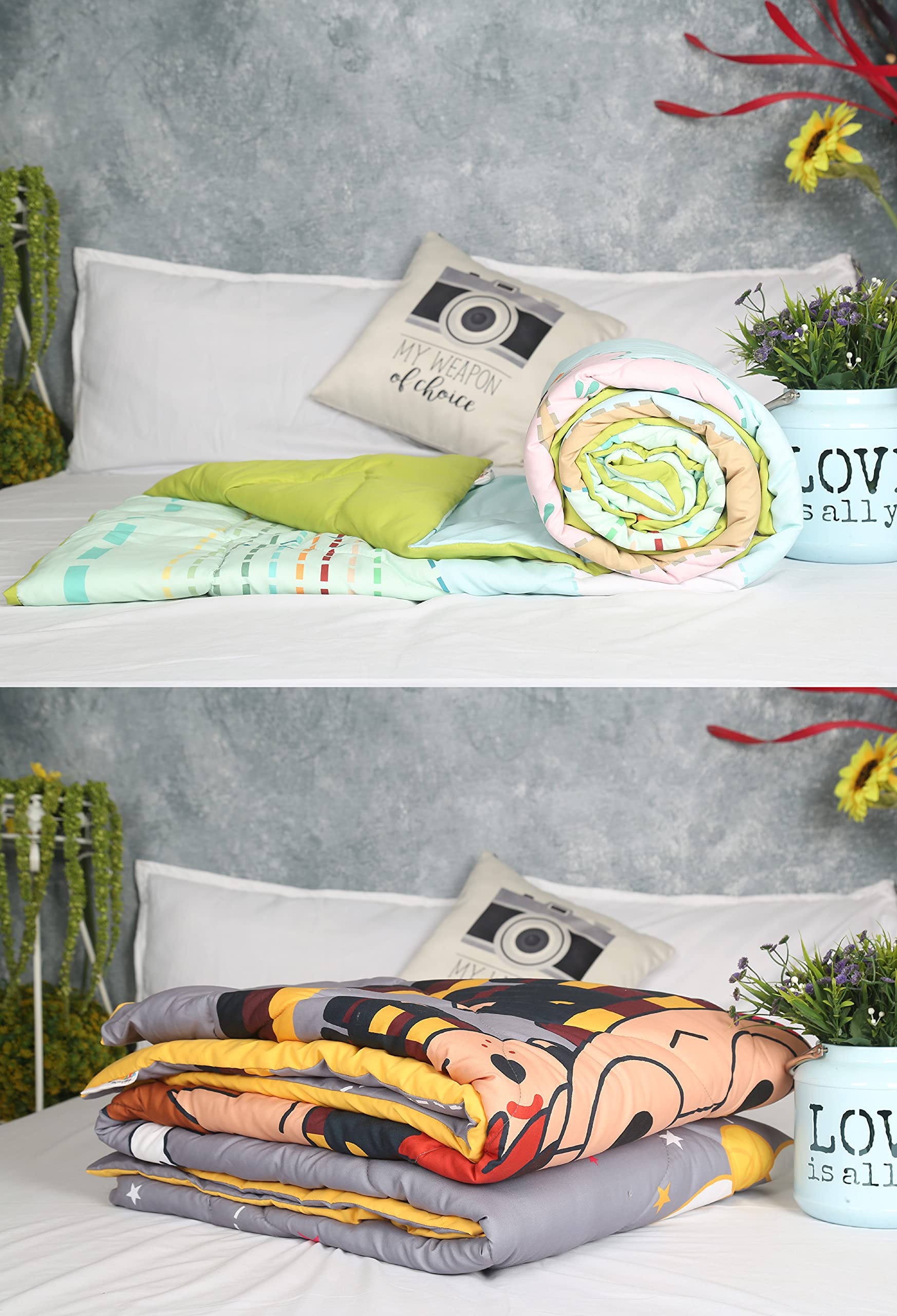 NEW COMERS®Microfiber 200 GSM Printed &Plain Reversible Single Bed AC Comforter|Blanket For Winter|Quilt|Duvet|Razai For Kids and Adults (230x152),Super Soft Micro Fabric Shell (Sea Blue-Parrot Green) 1