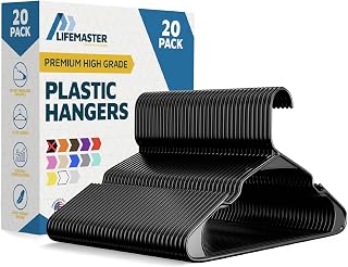 Lifemaster Plastic Clothes Hangers – Heavy Duty Hanger Set, for Organizing Clothes, Dresses, and Coat, Holds Up to 5 lbs, Space-Saving Hangers with Non-Slip Shoulder Grooves, Pack of 20, Black