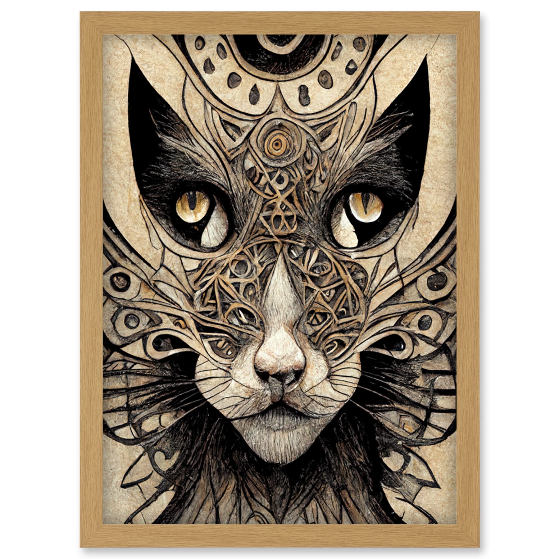 Abstract Cat Face Close Up With Tribal Patterns Textured Mask Artwork Framed Wall Art Print A4