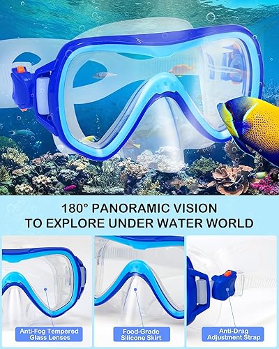 Miniatura 3 de Juego de esnórquel para niños, aletas de máscara de esnórquel panorámica+snorkel superior seco, aletas de natación ajustables, bolsa de malla,
