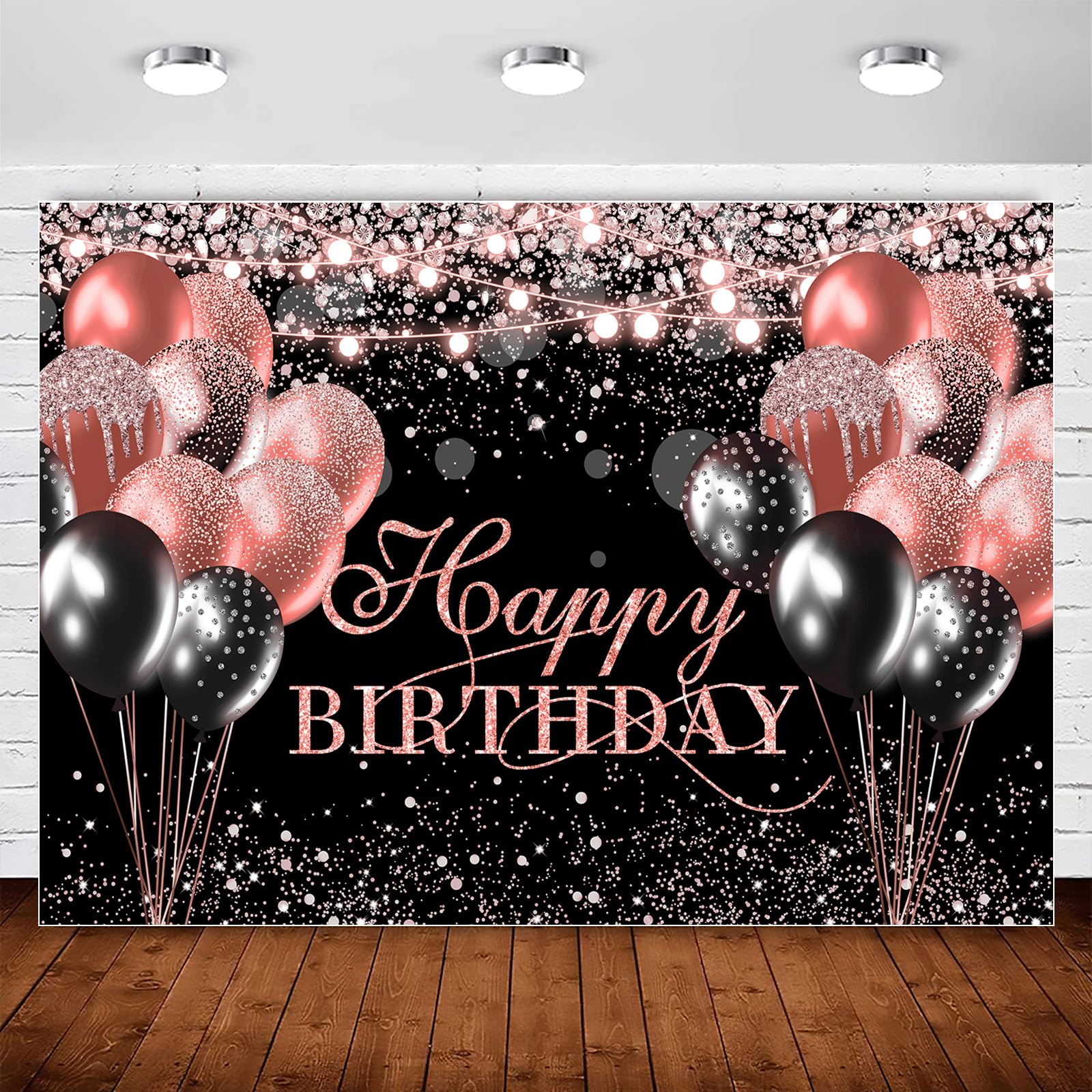 Black and Rose Gold Happy Birthday Backdrop Banner Party Decorations for Women,Glitter Black Pink Birthday Backdrops Sign Background for Women 40 50th