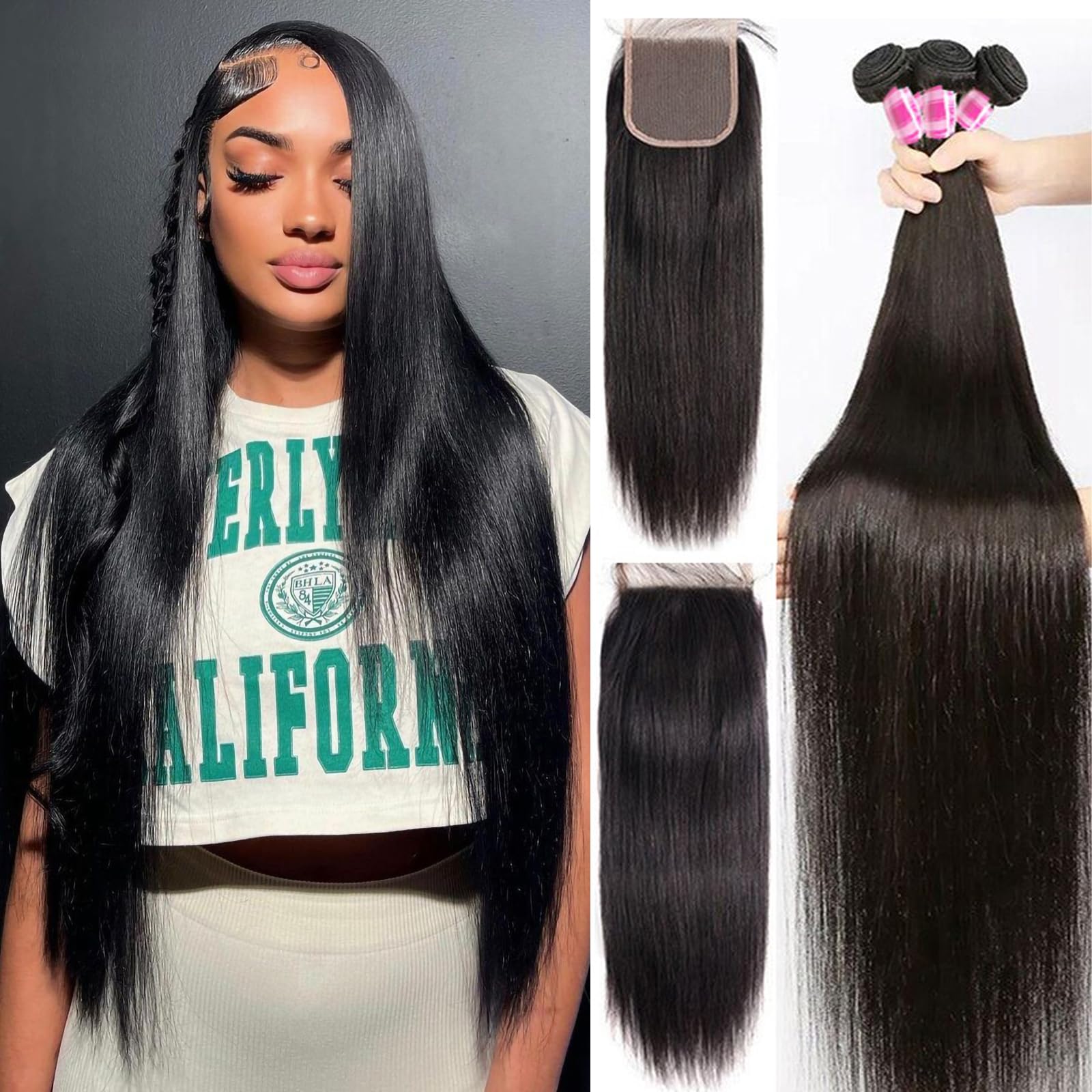 Amazon.com : PINJUOO Long Straight Bundles with Closure 