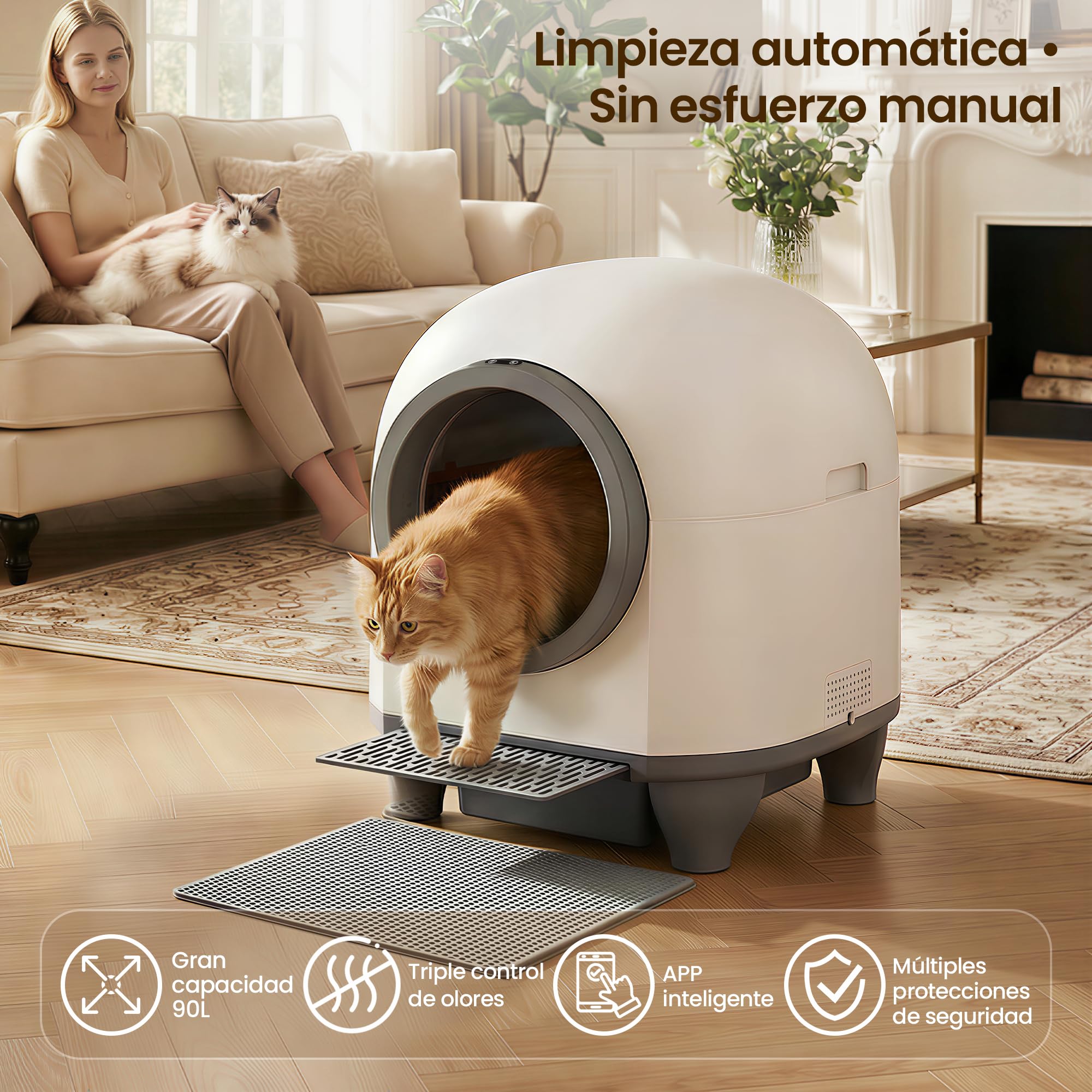 Arenero Gatos Autolimpiable con App, Caixa de Areia para Gatos Automatico de 90 L con cajón de heces de 8,5 L para más de una Semana, Sistema aromático y sensores Radar, Ideal para Varios Gatos. | Bandeja de arena autolimpiable con seguridad múltiple, con
