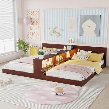 Double Twin Floor Bed for 2 Kids, Wood Double Twin Floor Bed Frame with Storage Shelf, LED Light & Charging Station, Convertible Double Twin Floor Bed or 2 Twin Beds, No Box Spring, Espresso