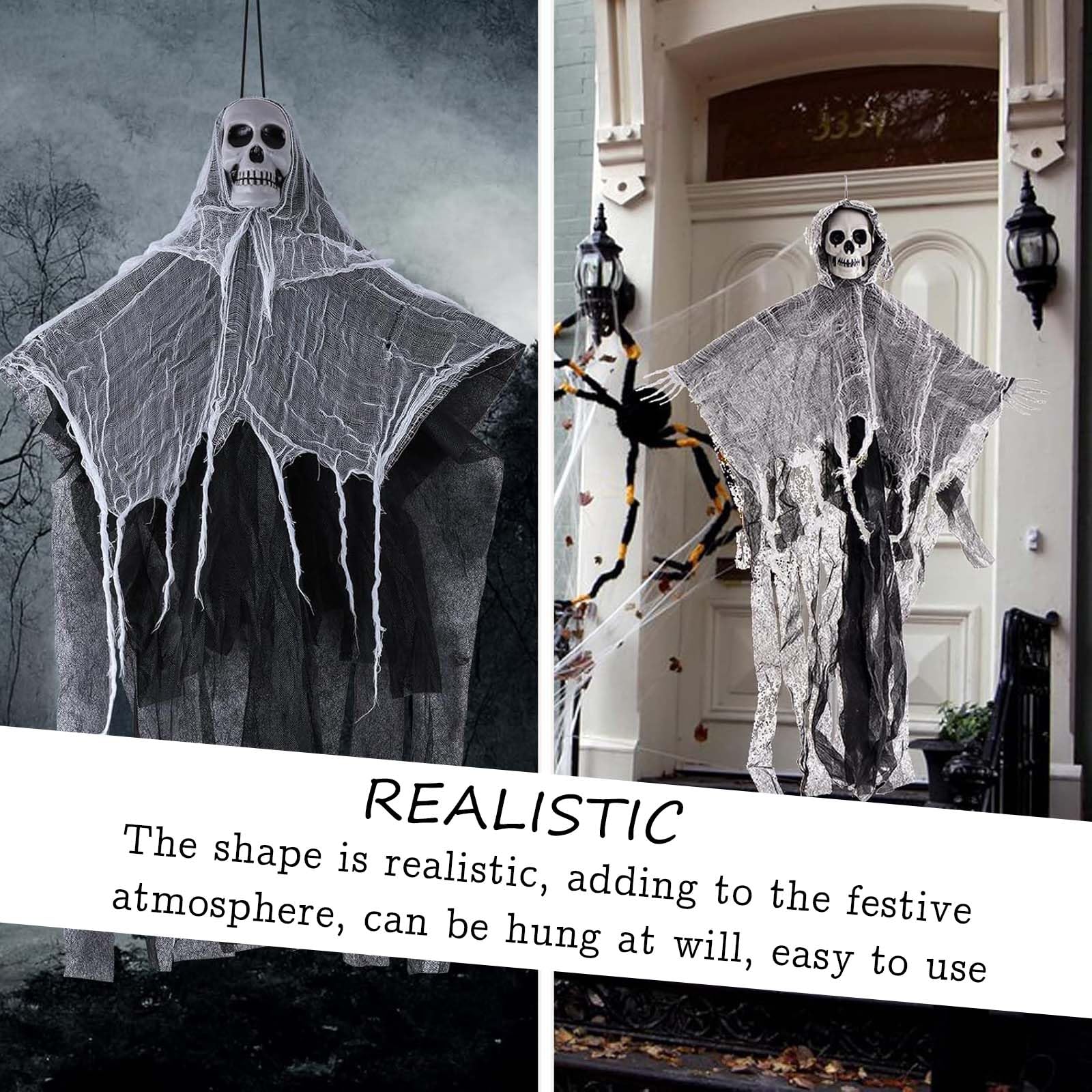 Fantôme Halloween à Suspendre 85 Cm - Tête De Mort, Tissu Noir/gris, Décoration Effrayante Intérieur/extérieur