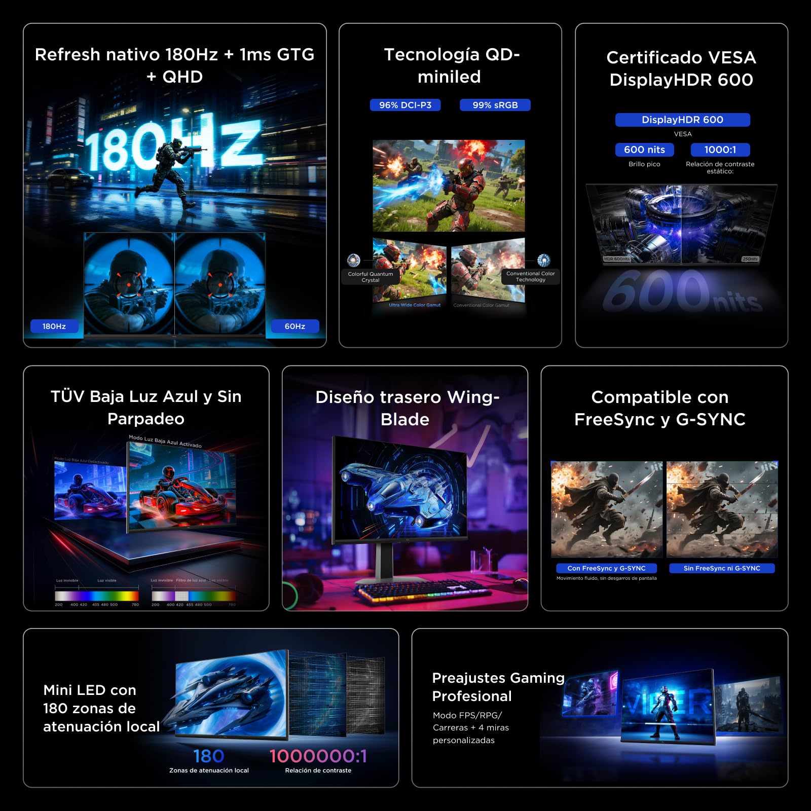 TCL 27G64 Monitor Gaming 27 Pulgadas QD-Mini LED, QHD 2560x1440, 180Hz, Panel Fast-HVA, 600 nits HDR, 1ms, AMD FreeSync Premium, G-Sync Compatible, 97% DCI-P3 - 3